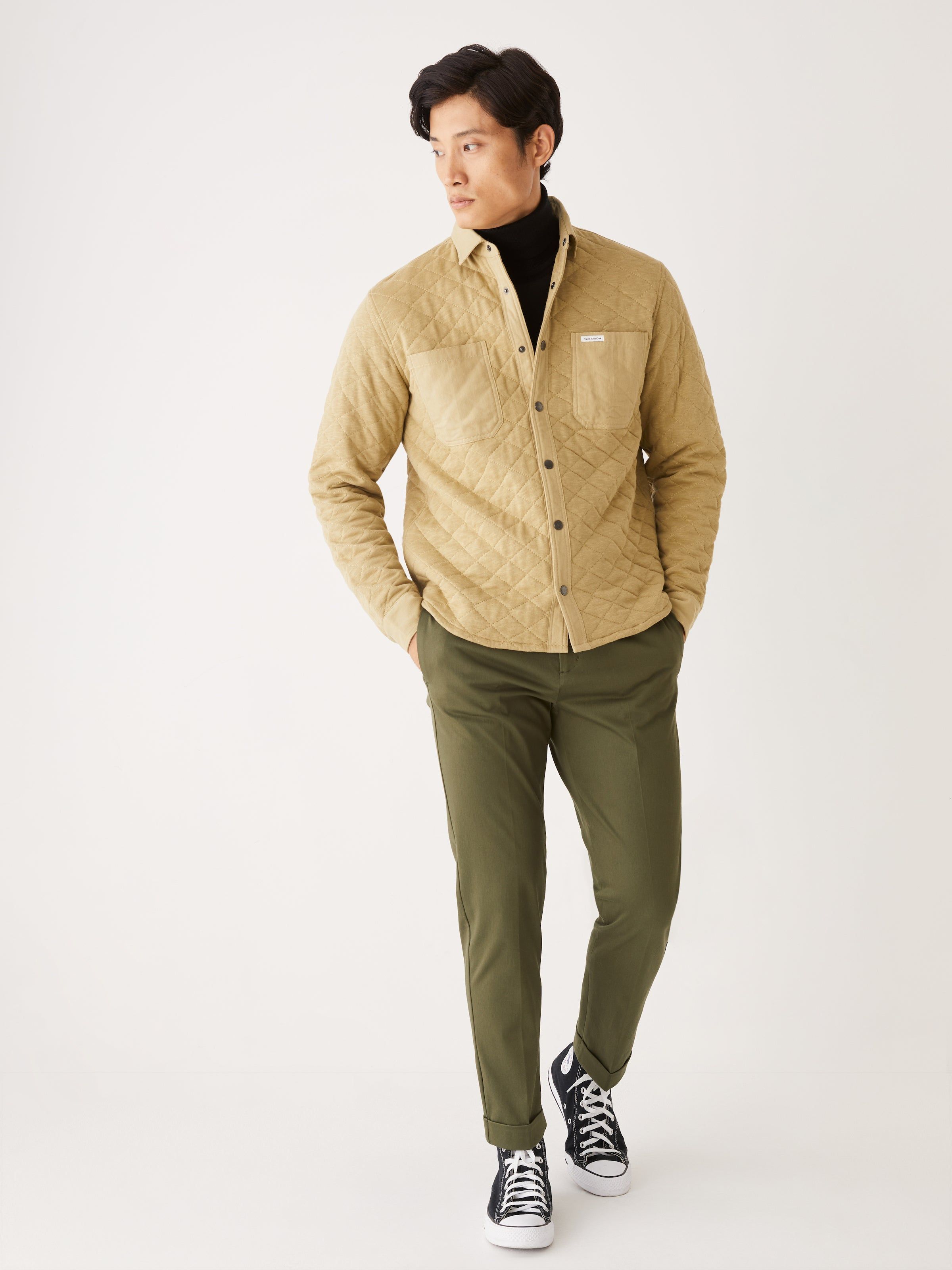 The Quilted Overshirt in Grey Green sold by Frank & Oak