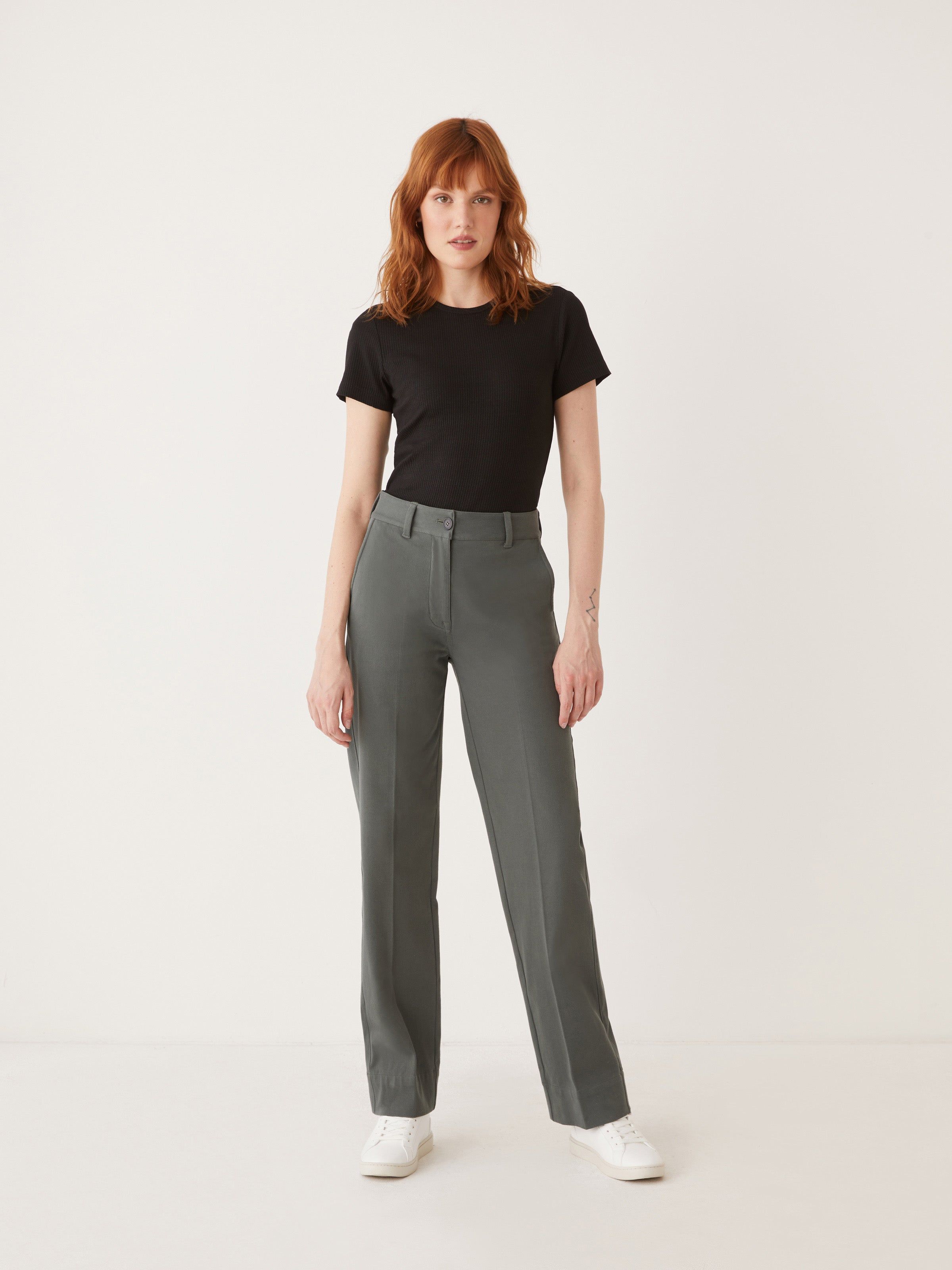The Jane Straight Fit Flex Pant in Smoked Green sold by Frank & Oak