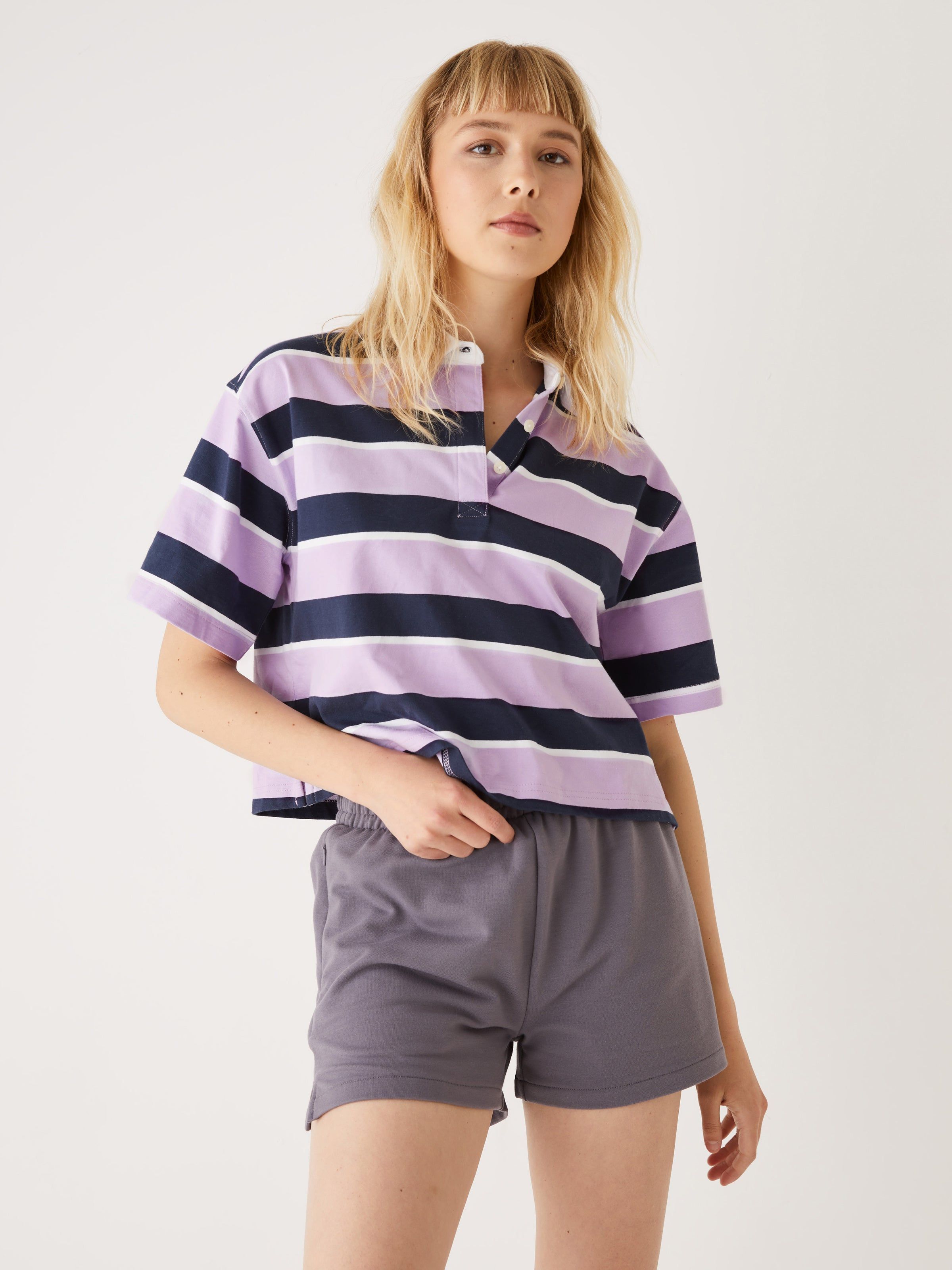 The Cropped Organic Cotton Polo in Purple sold by Frank & Oak