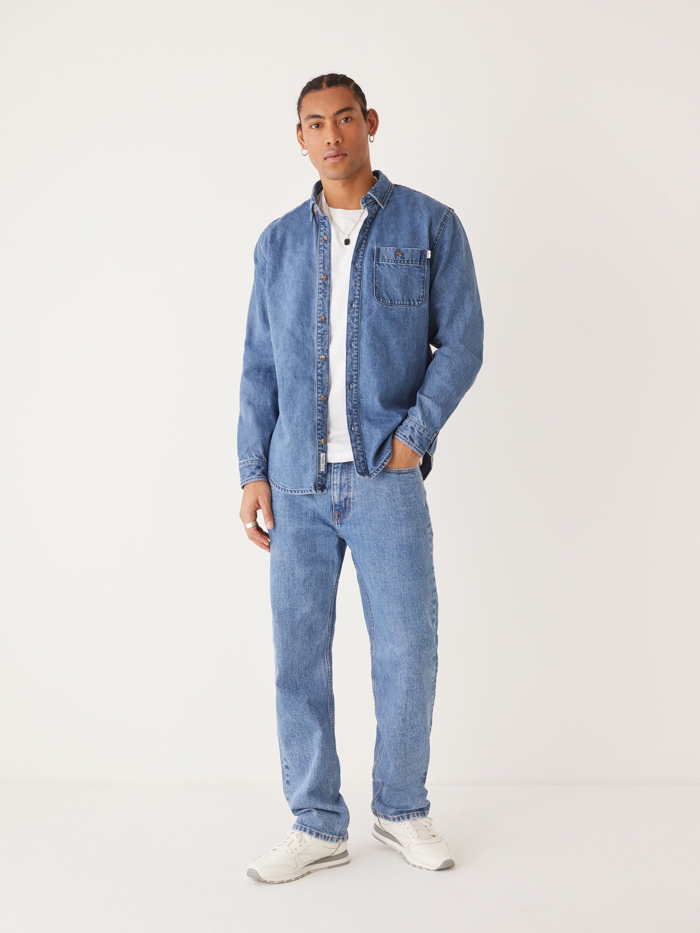 The Clark Denim Shirt in Light Blue sold by Frank & Oak