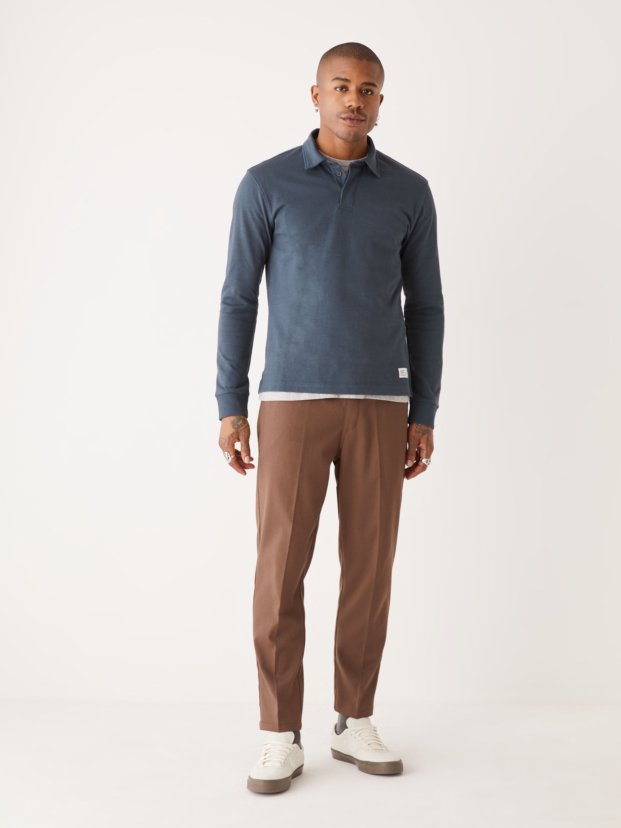 The Long Sleeve Rugby Polo Shirt in Dark Blue sold by Frank & Oak