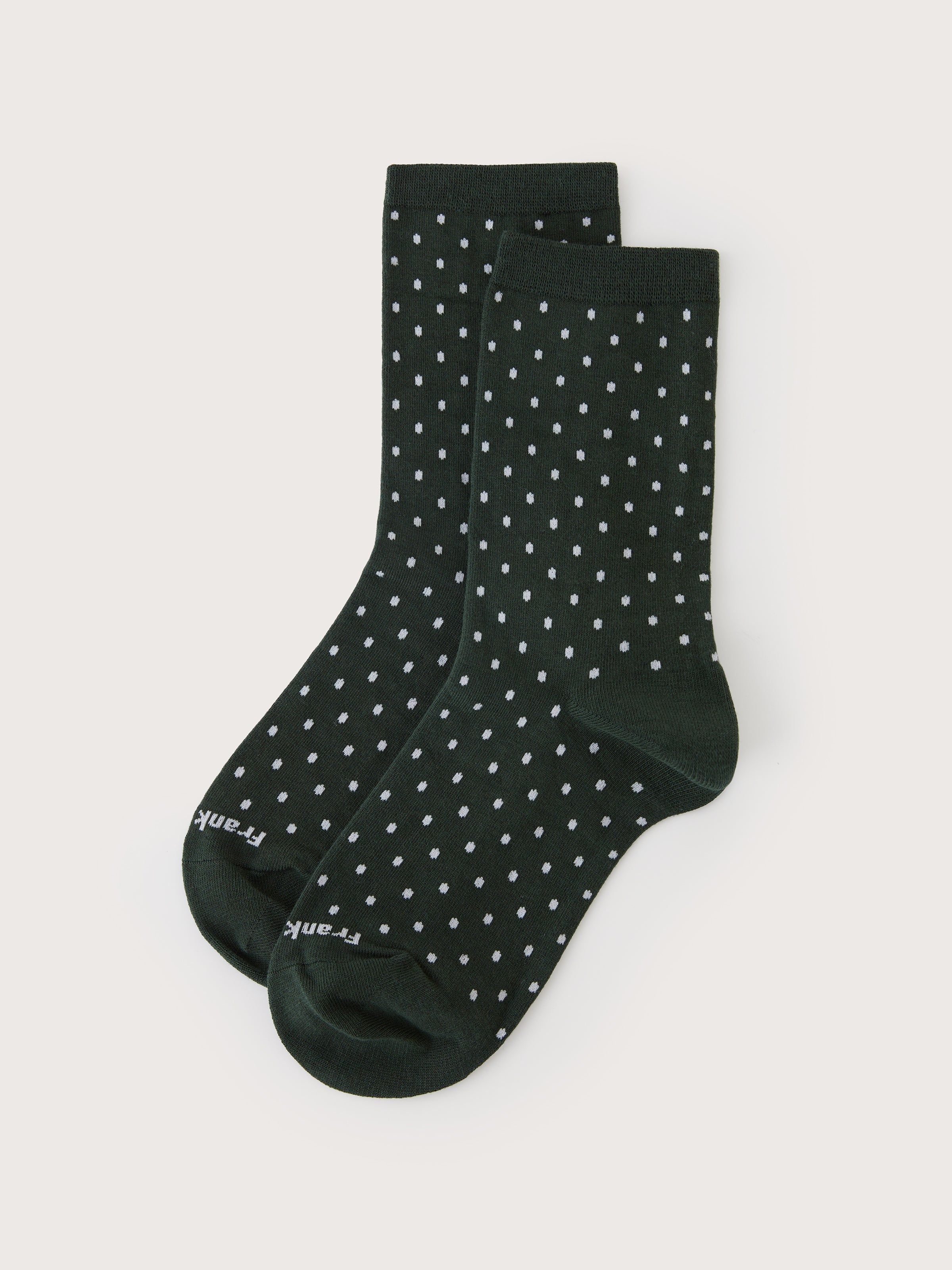 The Dotted Calf-Length Socks in Pine Grove sold by Frank & Oak