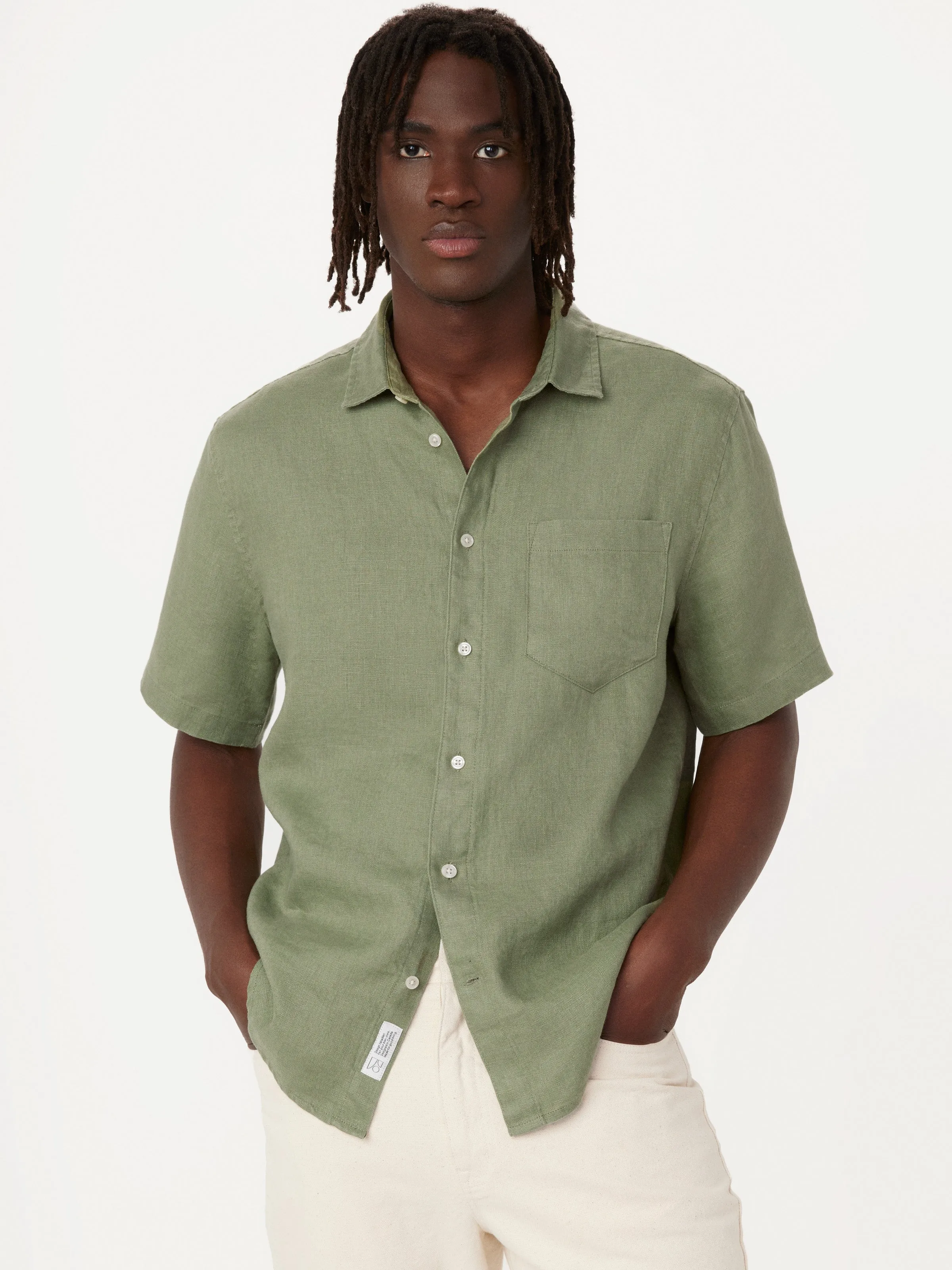 The Short Sleeve Linen Shirt in Olive Green sold by Frank & Oak