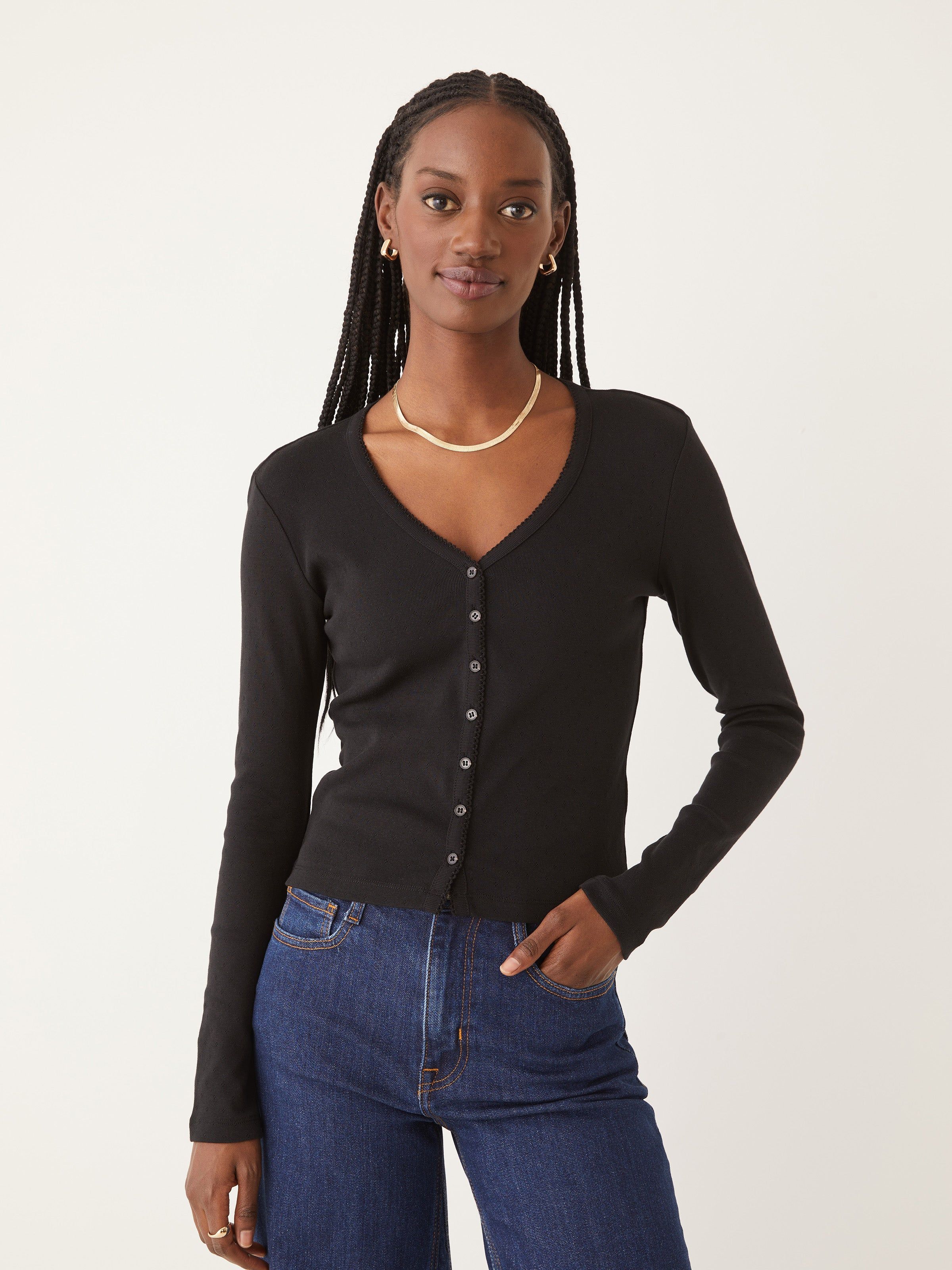 The Pointelle Button-Up Top in Black sold by Frank & Oak