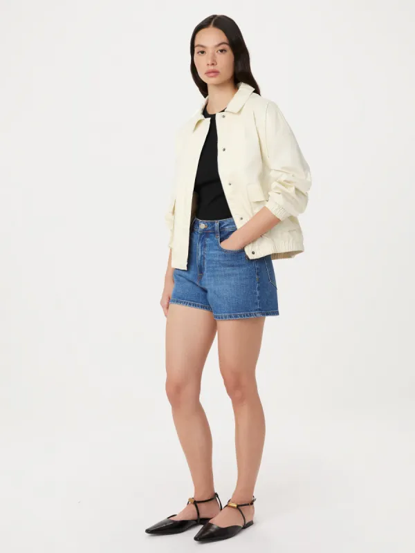 The Stevie Tapered Denim Short in Blue made by Frank & Oak