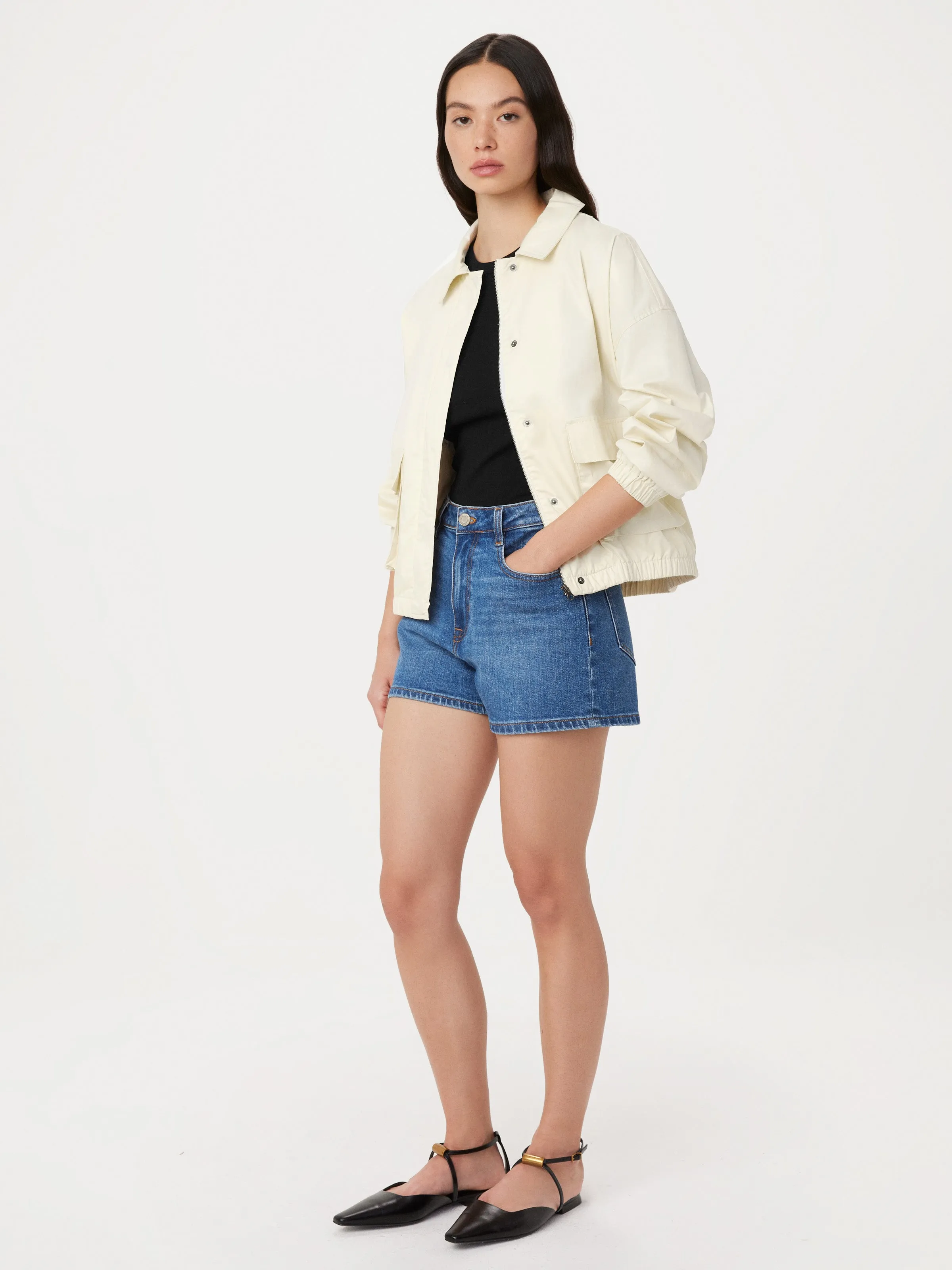 The Stevie Tapered Denim Short in Blue sold by Frank & Oak