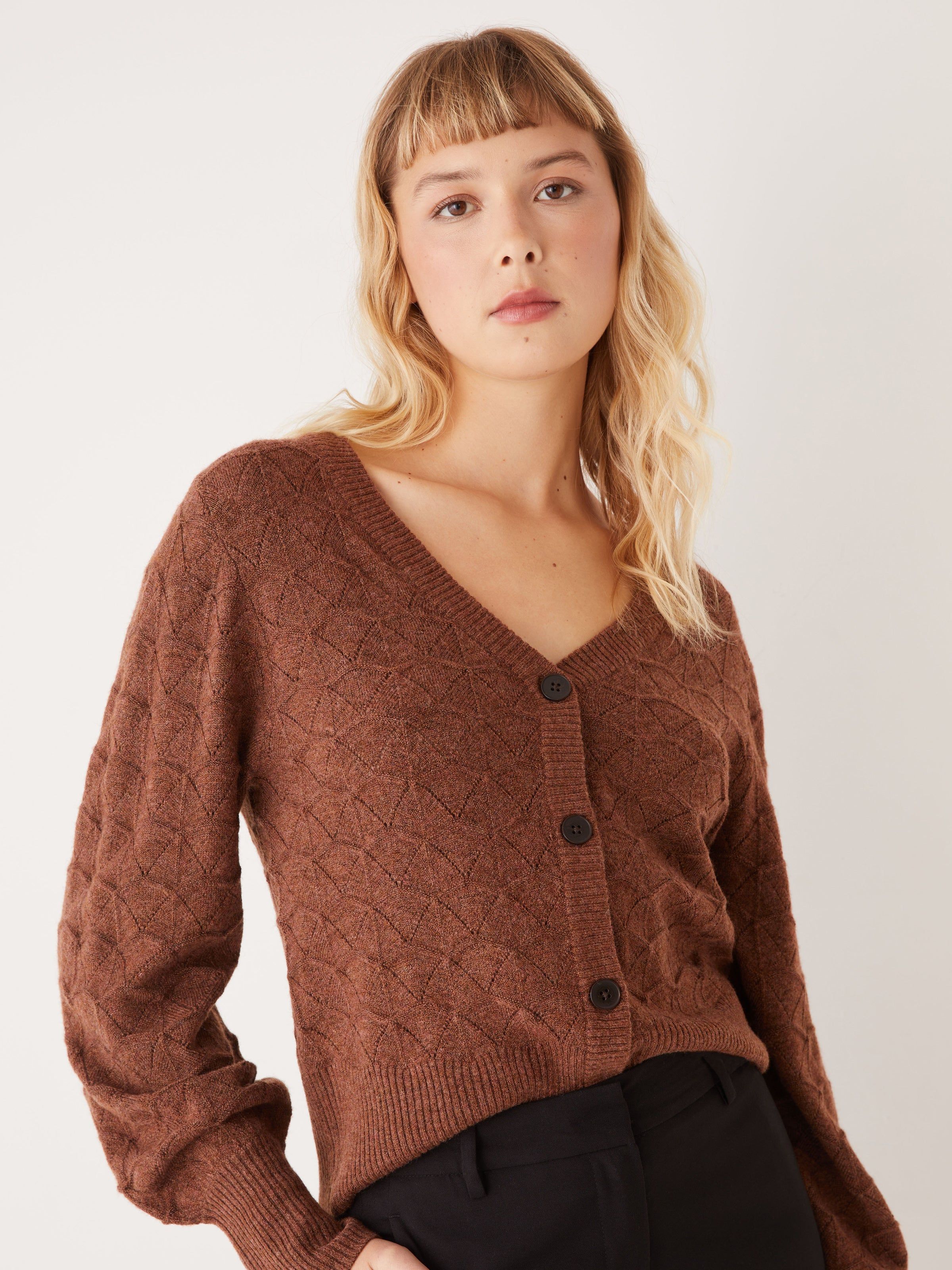 The Pointelle Cardigan in Brown sold by Frank & Oak
