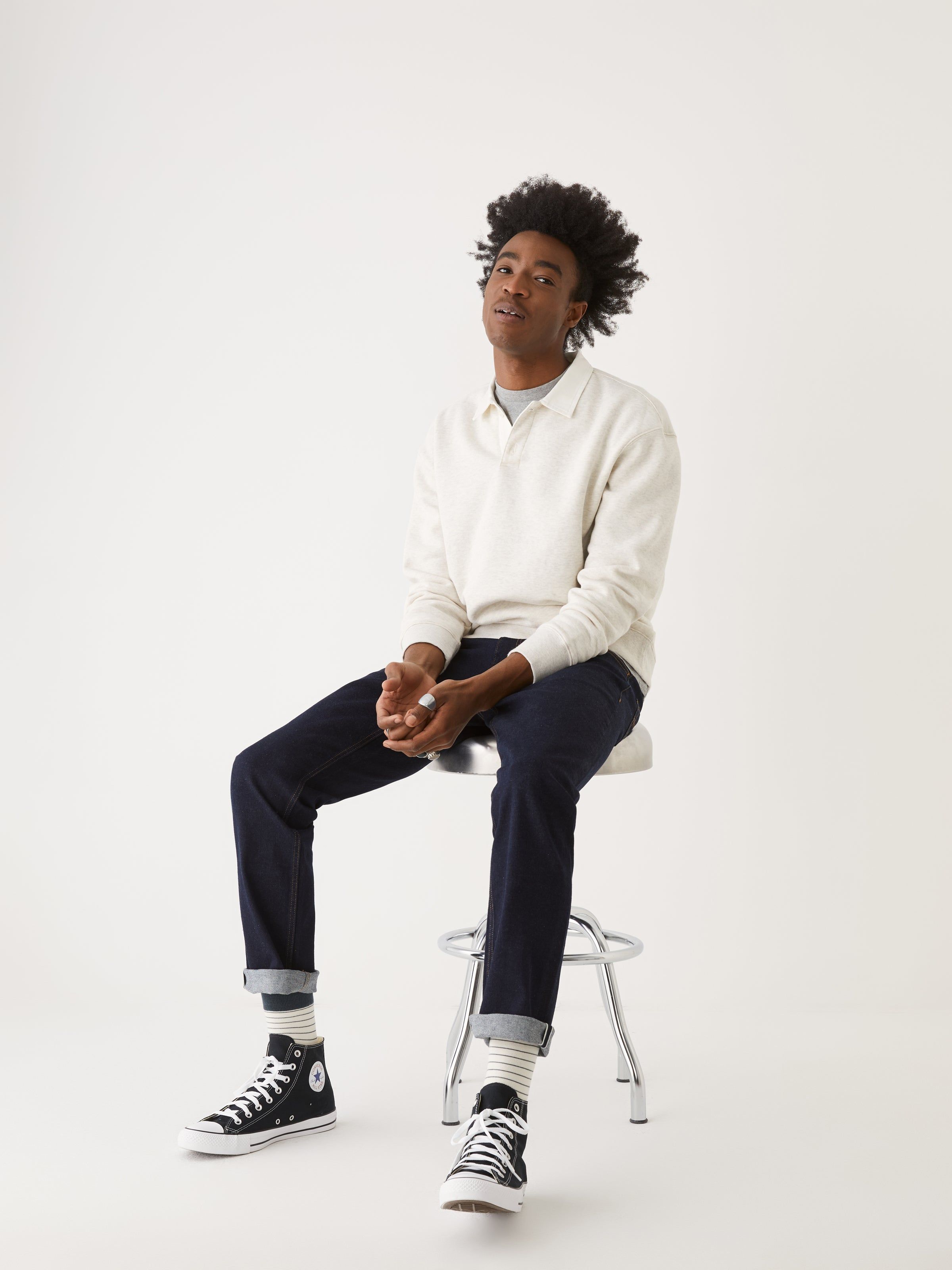 The Fleece Polo Sweatshirt in White sold by Frank & Oak