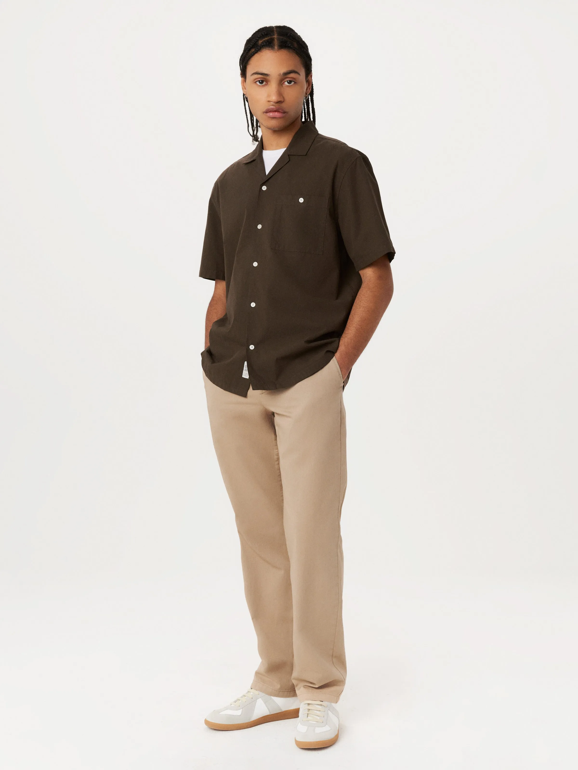 The Poplin Camp Collar Shirt in Dark Taupe sold by Frank & Oak