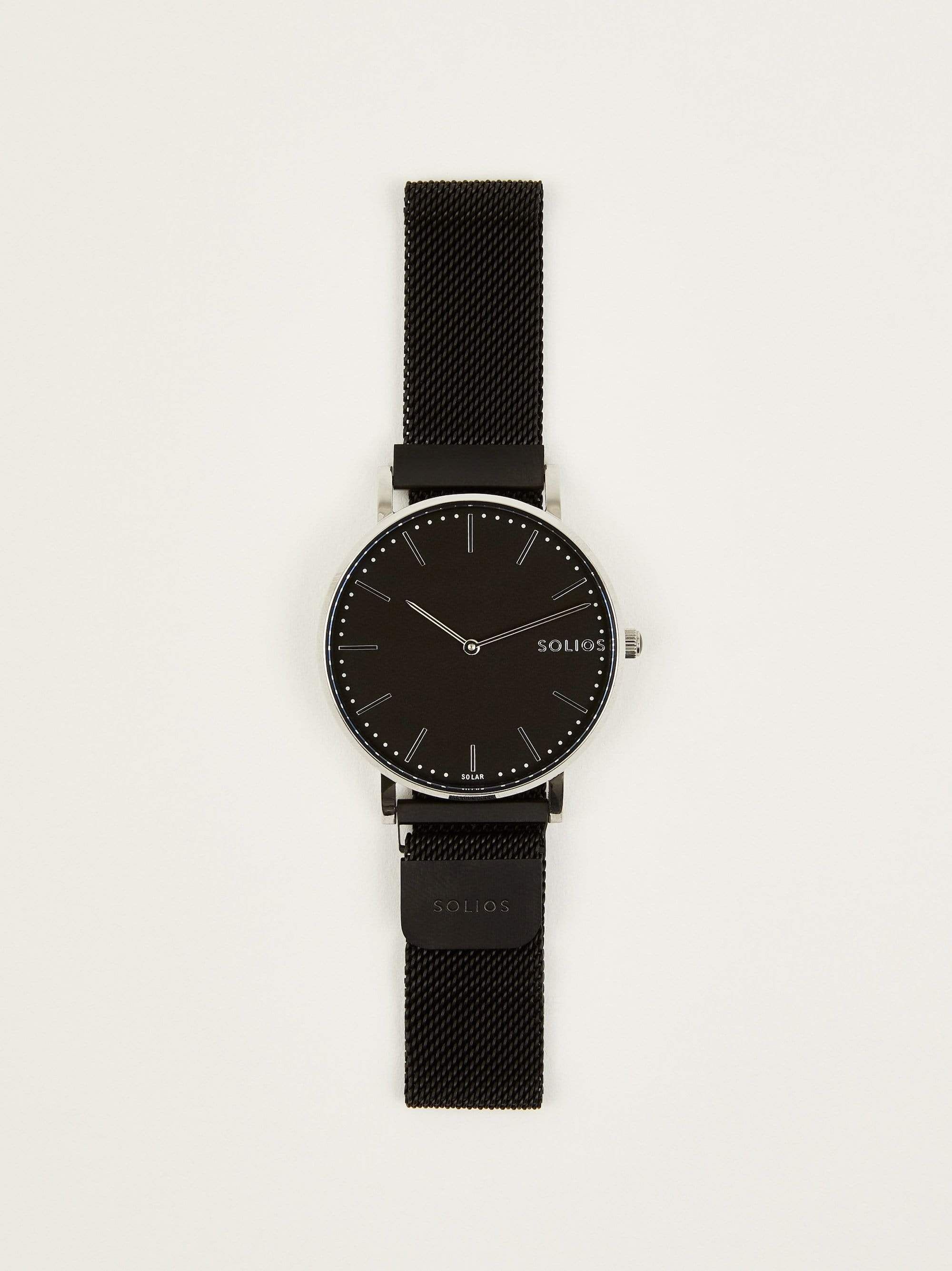 Solios Lux Solar Watch with Mesh Strap 40mm in Black sold by Frank & Oak
