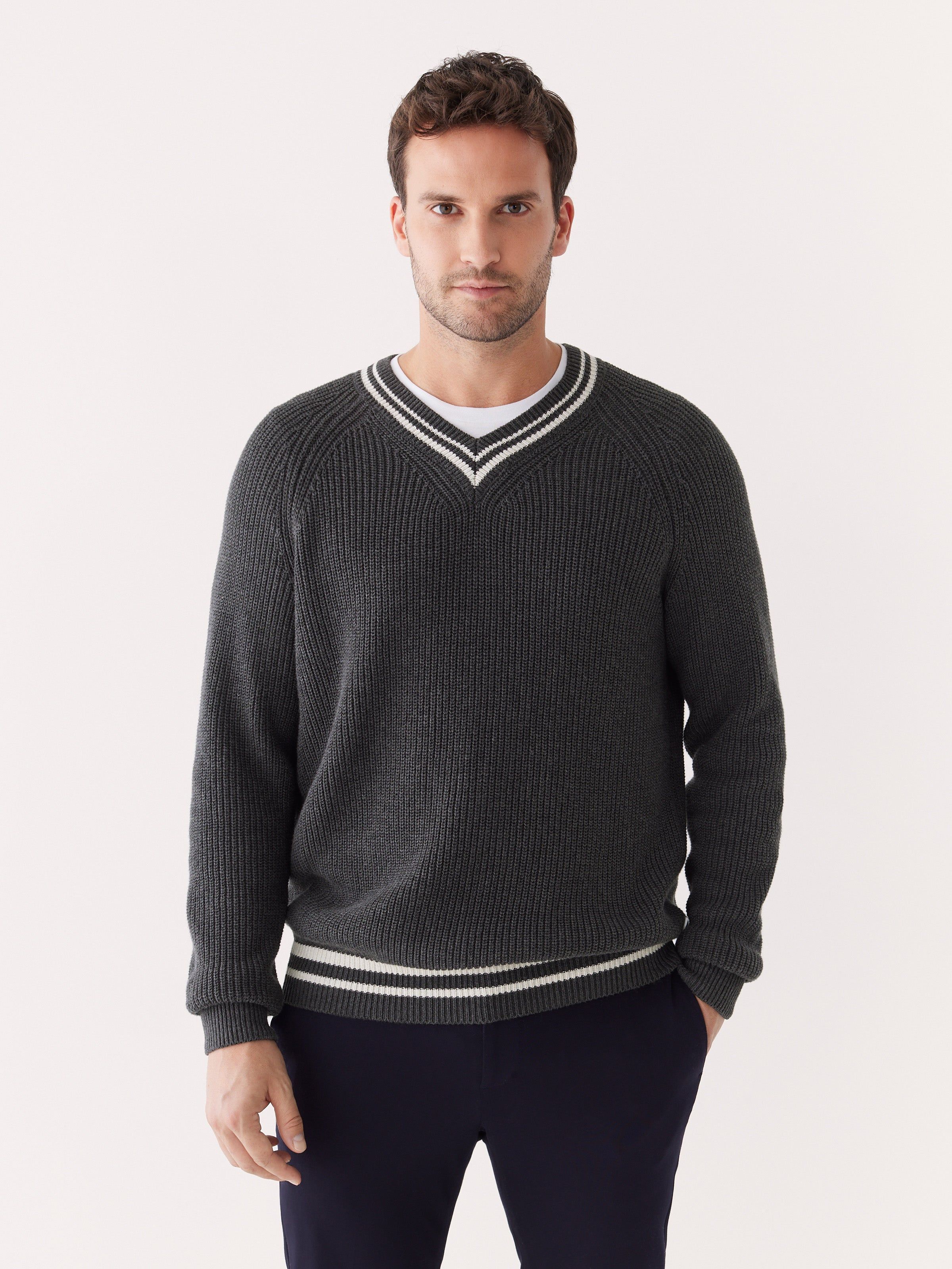 The Ribbed V Neck Sweater in Shadow Black sold by Frank & Oak