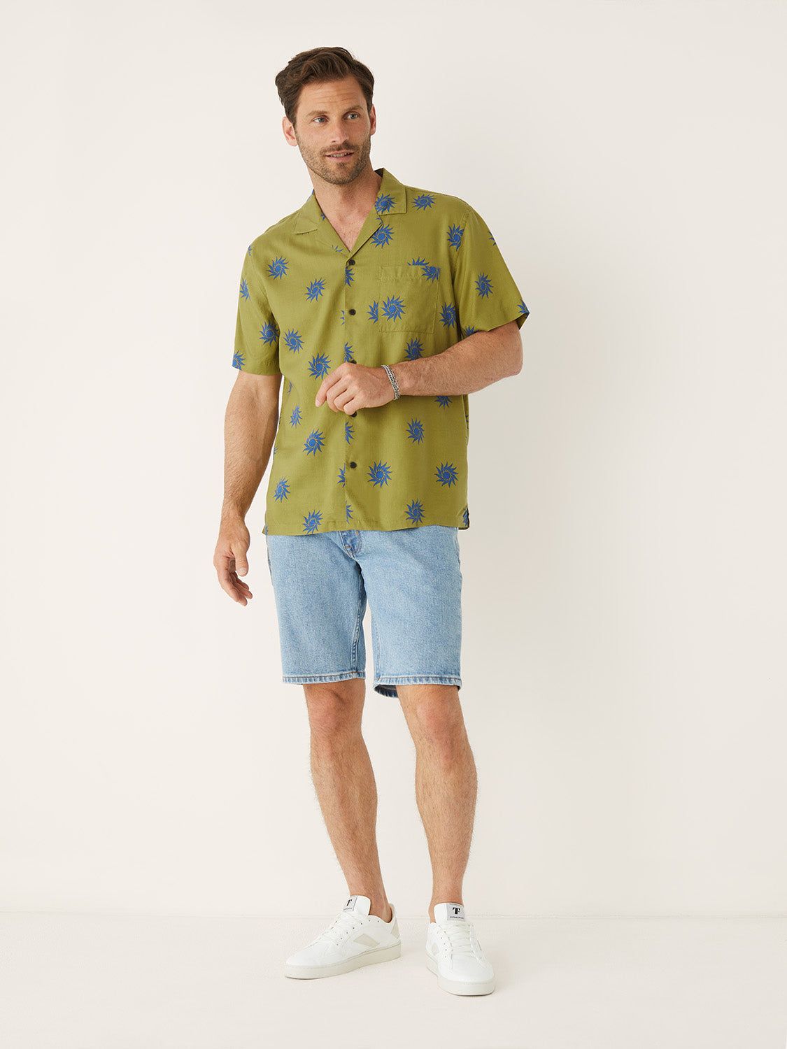 The Sun Print Camp Collar in Khaki Green sold by Frank & Oak