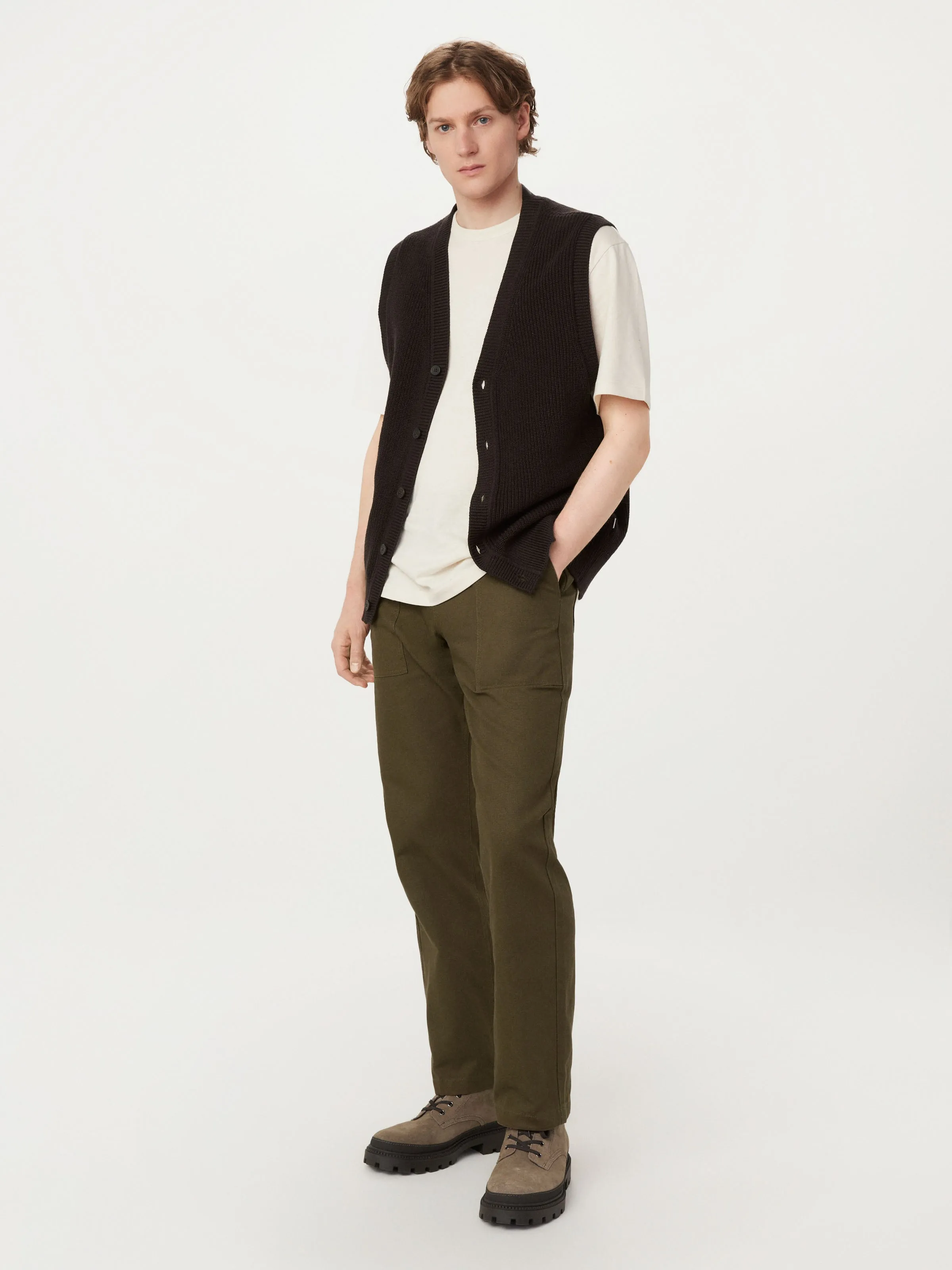 The Ribbed Sweater Vest in Dark Chocolate sold by Frank & Oak