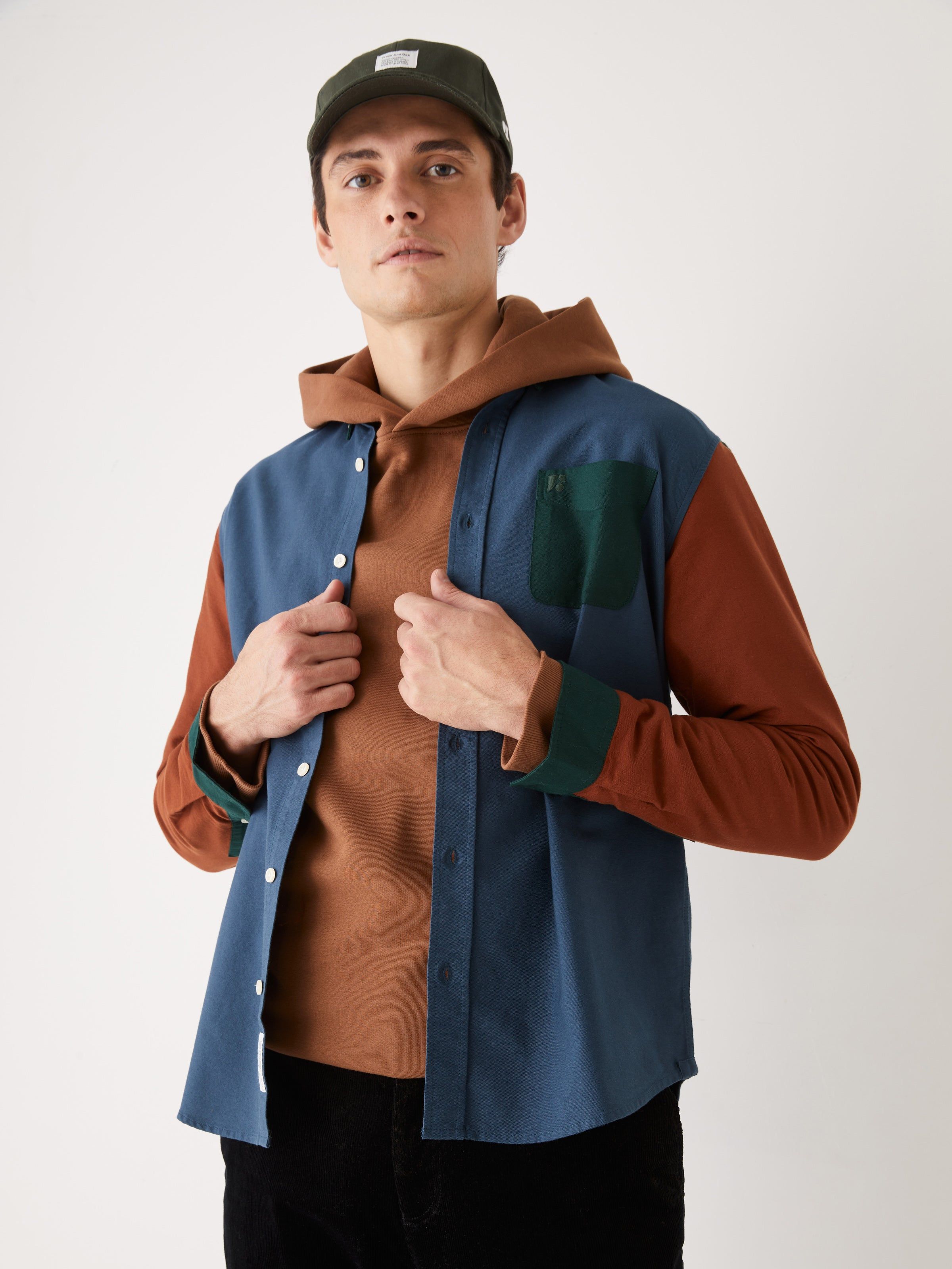 The Colour Block Jasper Oxford Shirt in Dark Blue sold by Frank & Oak