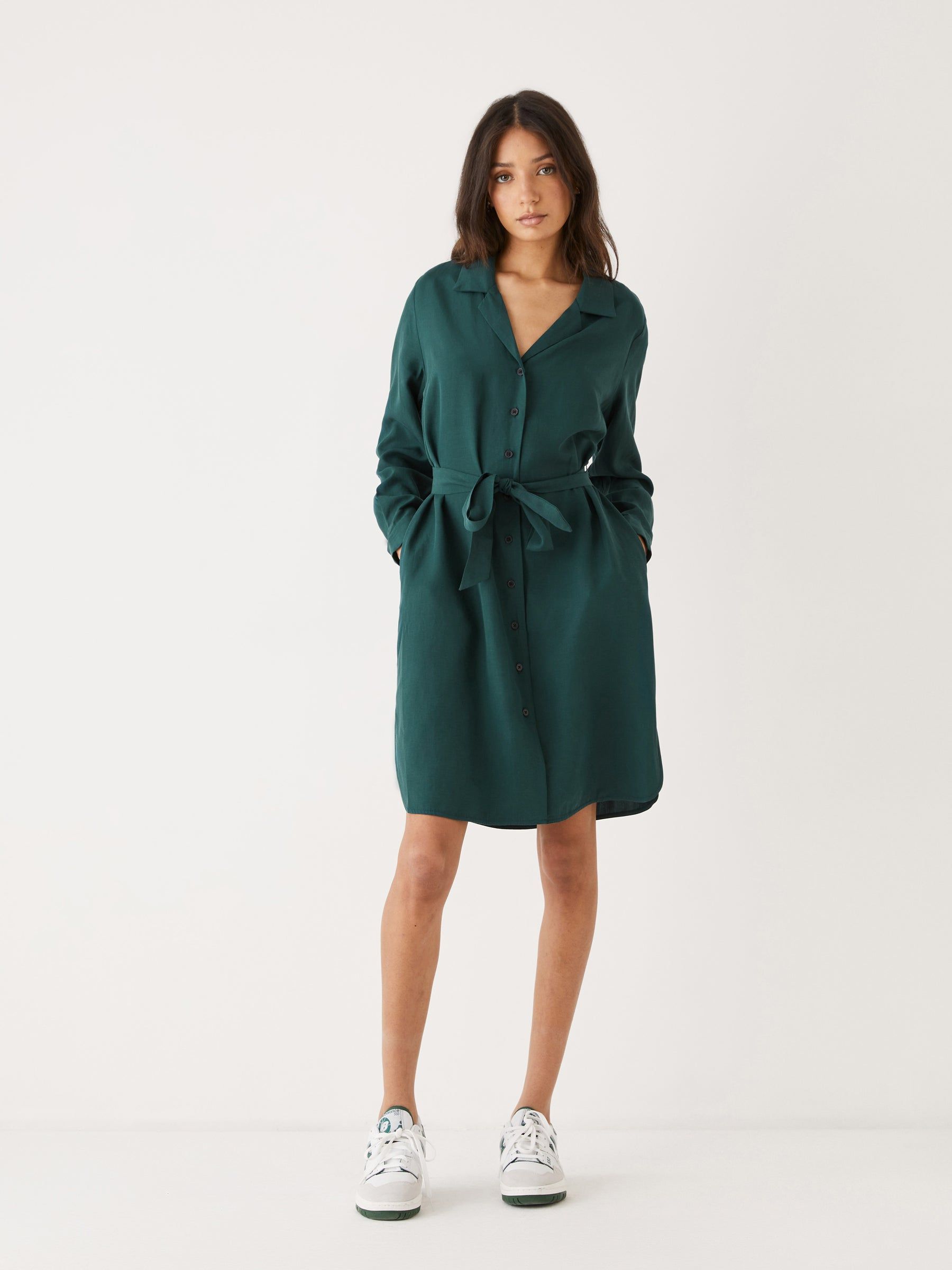 The Belted Shirt Dress in Dark Green sold by Frank & Oak