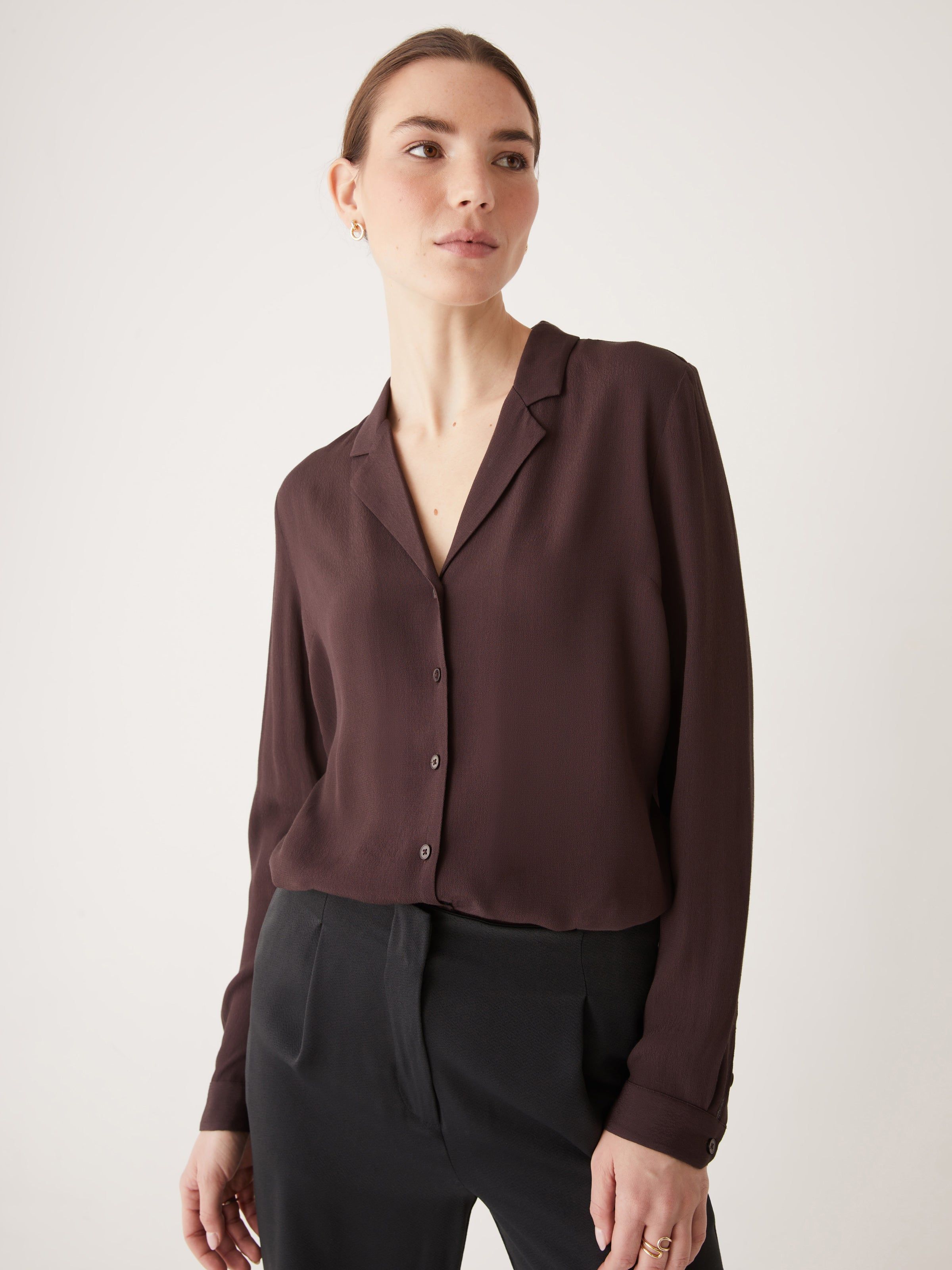 The Long Sleeve Camp Collar Blouse in Chocolate sold by Frank & Oak
