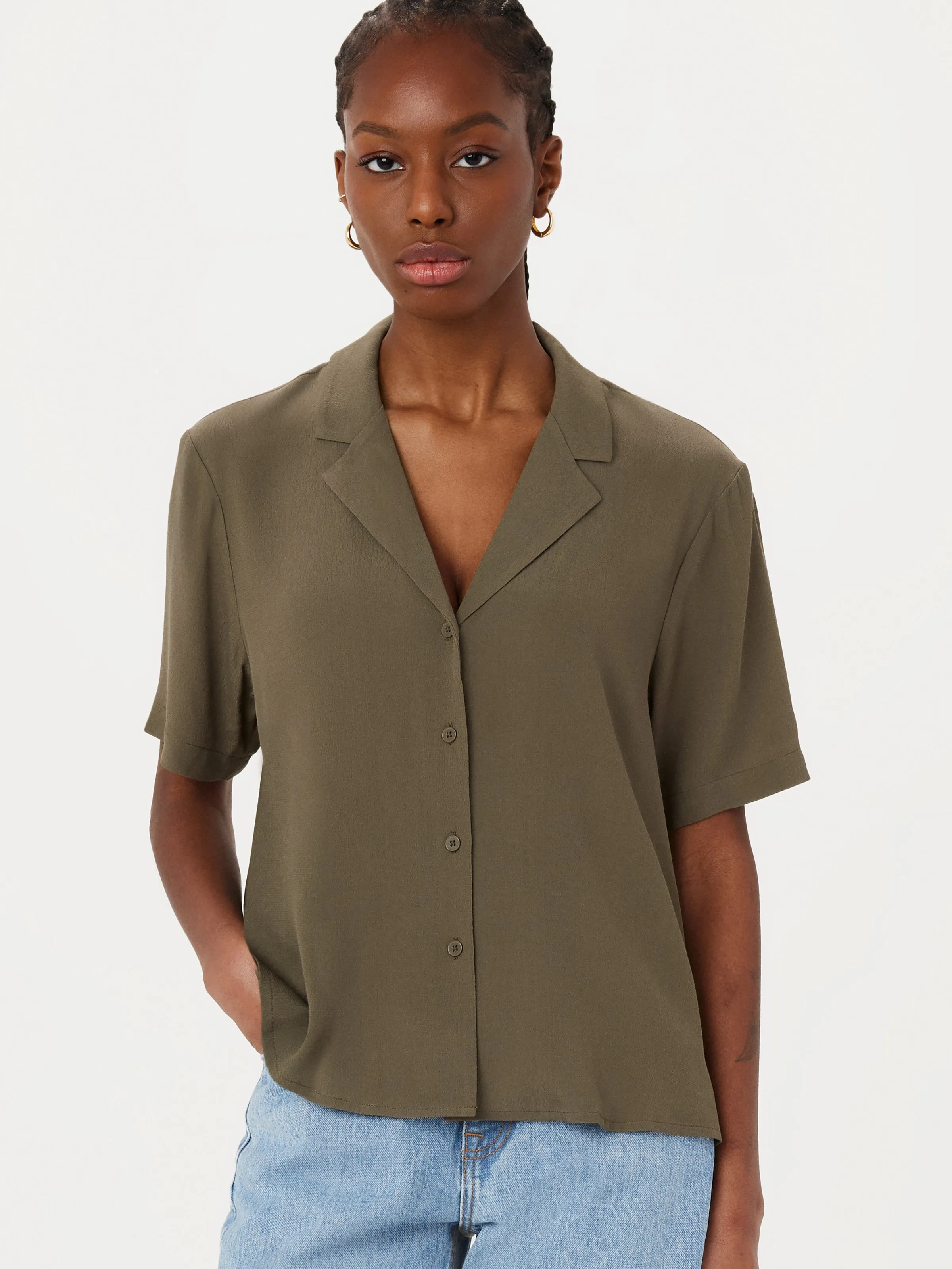 The Camp Collar Blouse in Dark Khaki sold by Frank & Oak