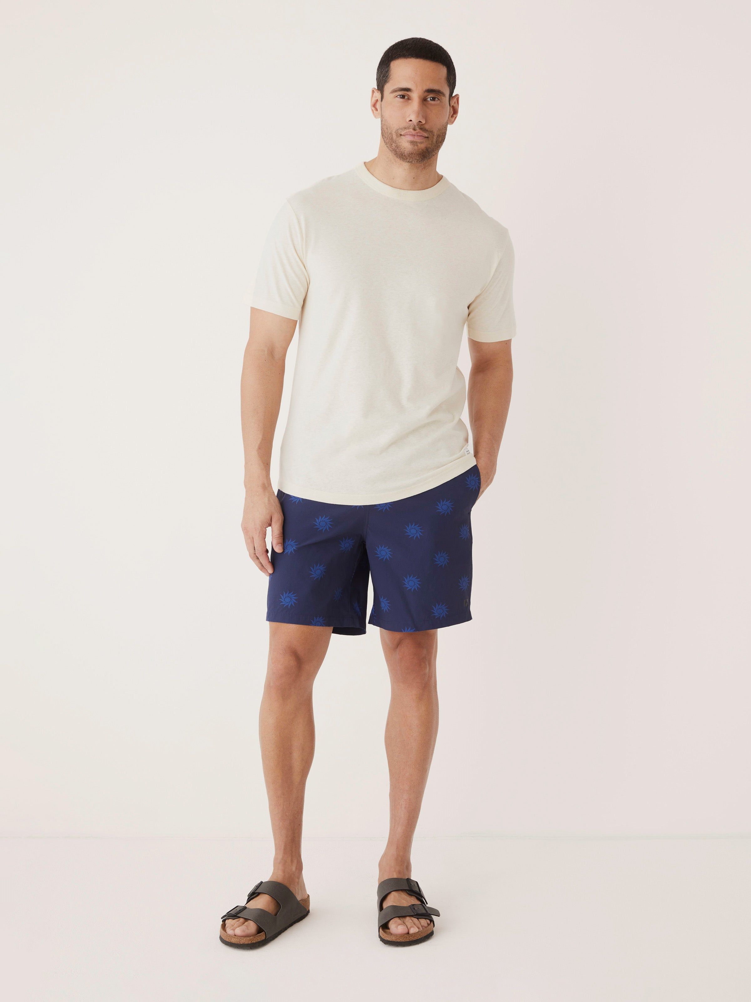 The 7in Printed Swim Short in Indigo sold by Frank & Oak