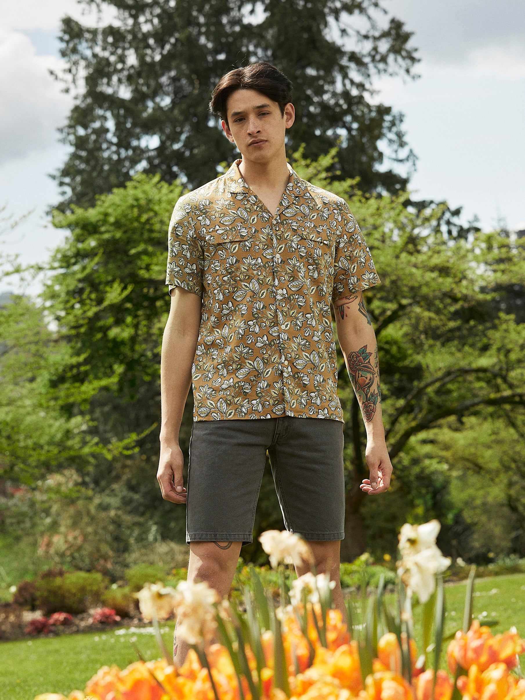 The Short Sleeve Botanical Shirt in Dark Olive sold by Frank & Oak
