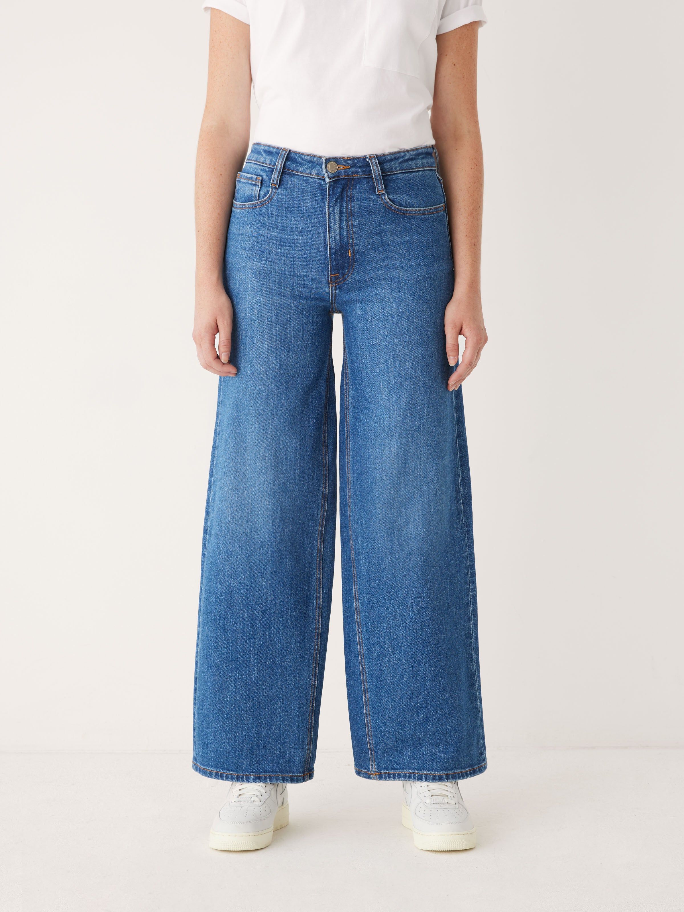 The Nina Wide Leg Fit High Rise Jean in Medium Wash sold by Frank & Oak