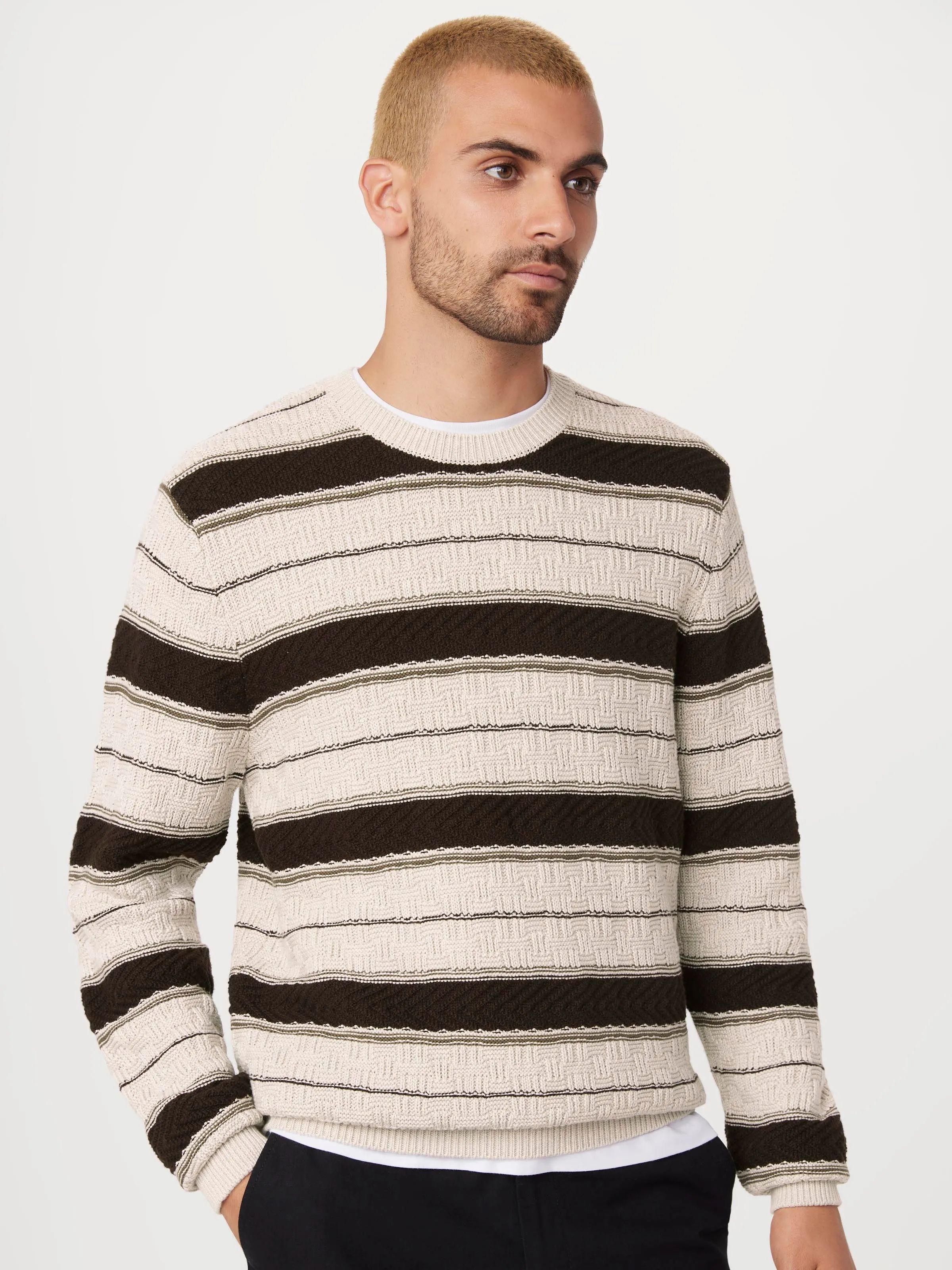 The Striped Crewneck in Light Beige sold by Frank & Oak