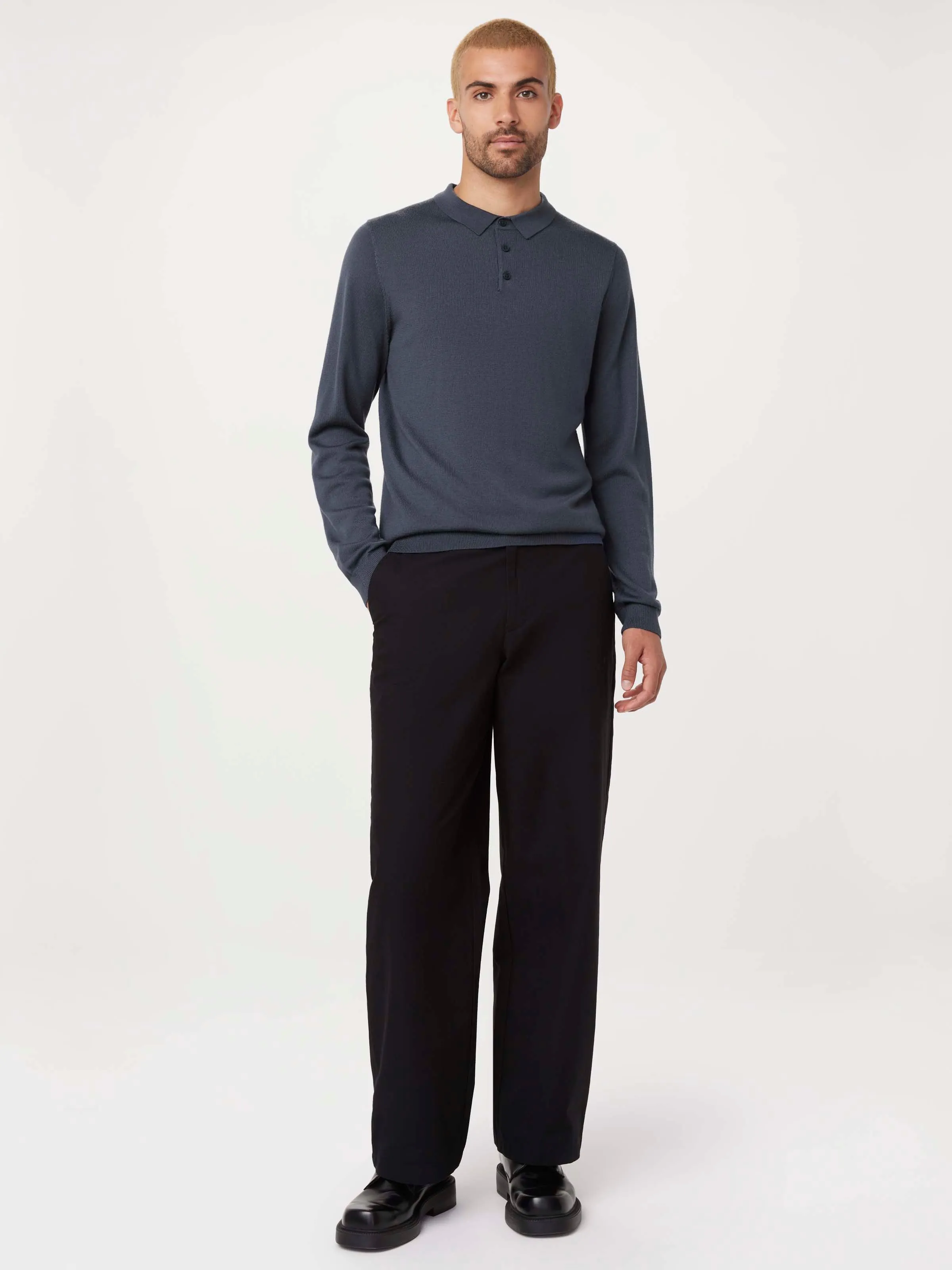 The Merino Polo Sweater in Steel Blue sold by Frank & Oak