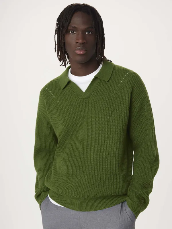 The Lambswool Johnny Collar Sweater in Green sold by Frank & Oak