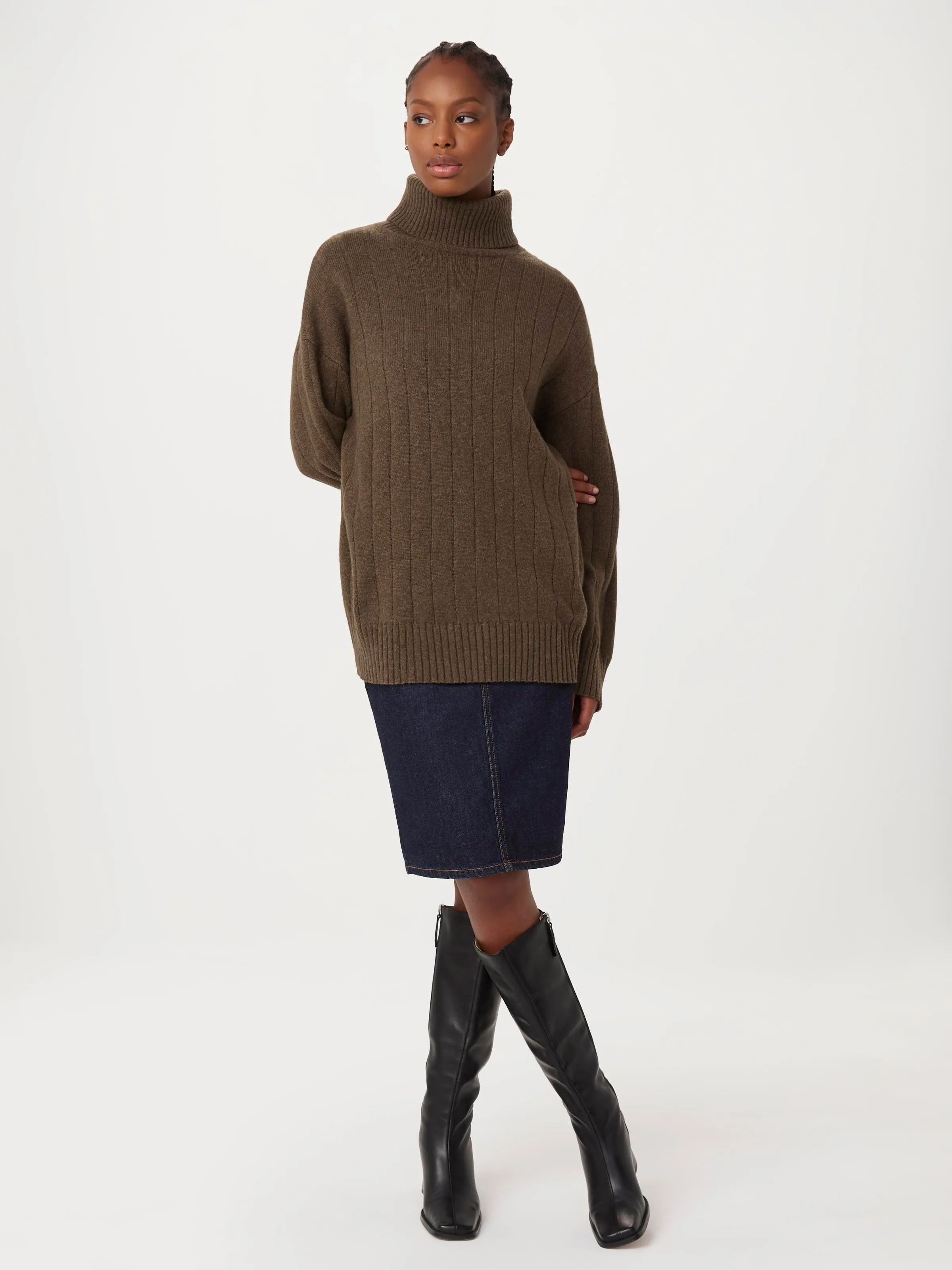 The Lambswool Turtleneck Sweater in Chocolate Brown sold by Frank & Oak