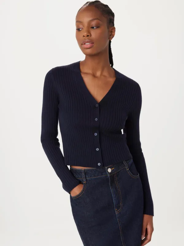 The Merino V-Neck Cardigan in Space Blue sold by Frank & Oak