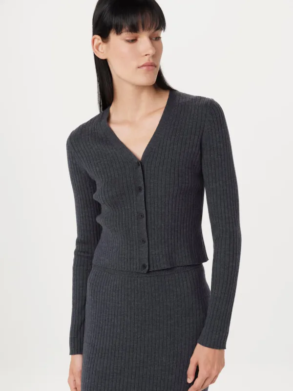 The Merino V-Neck Cardigan in Charcoal Grey sold by Frank & Oak
