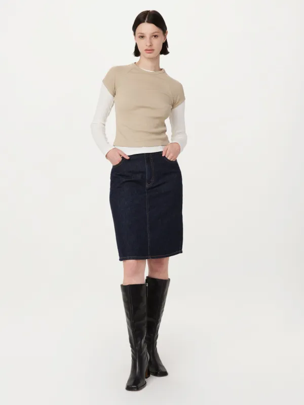 The Denim Midi Skirt in Dark Wash sold by Frank & Oak