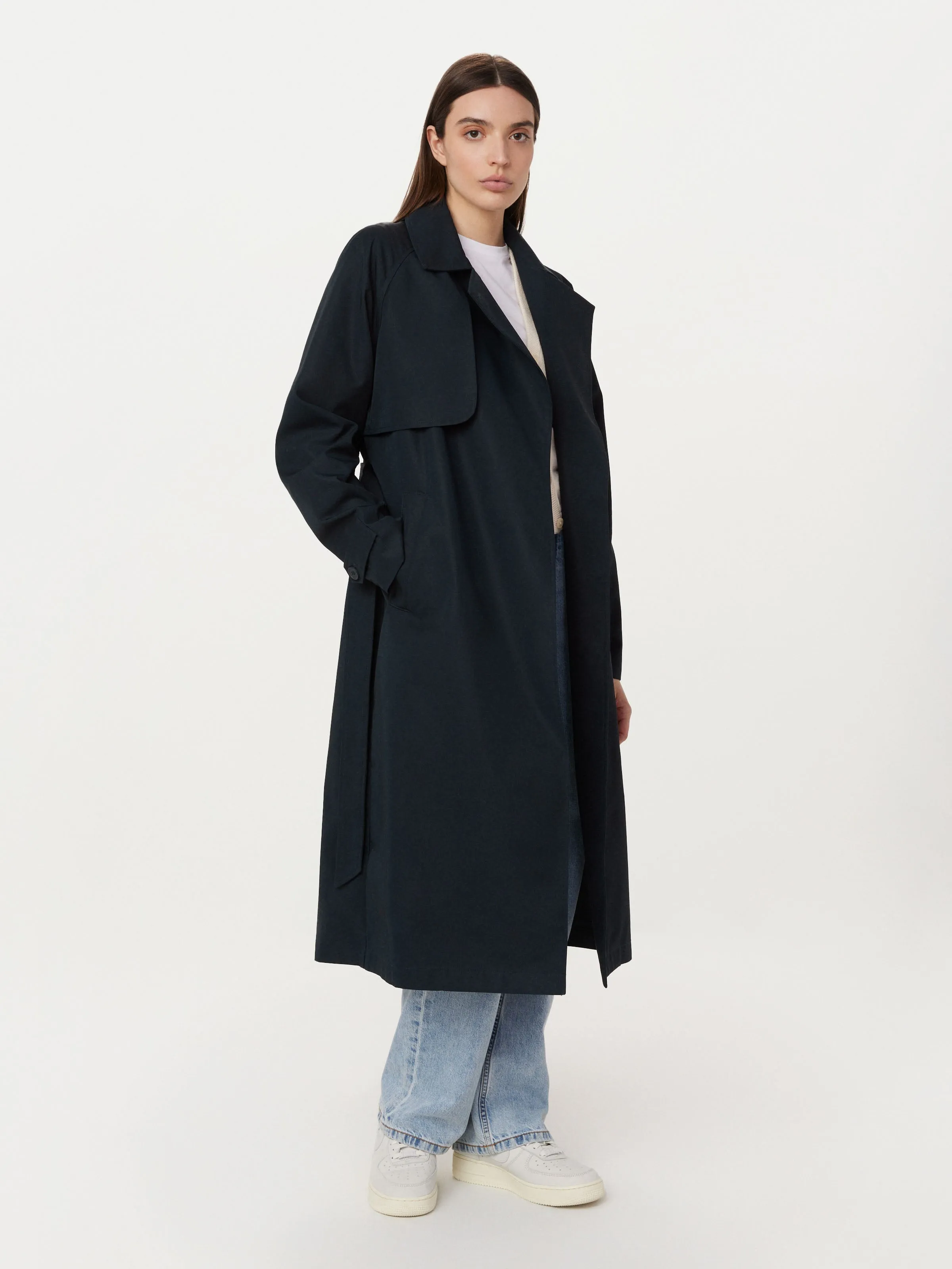 The Long Trench Coat in Deep Blue sold by Frank & Oak
