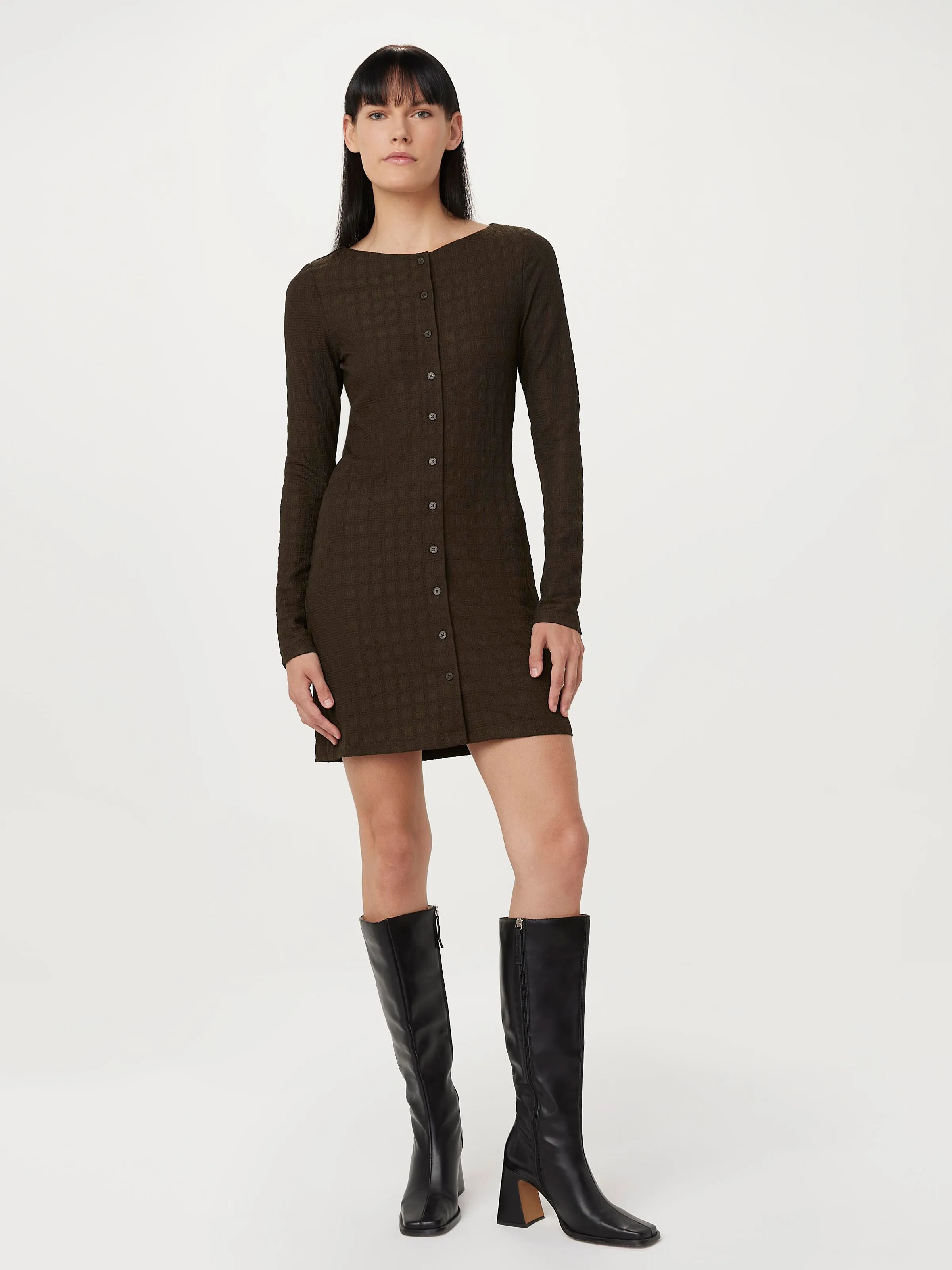 The Buttoned Mini Dress in Brown Black sold by Frank & Oak