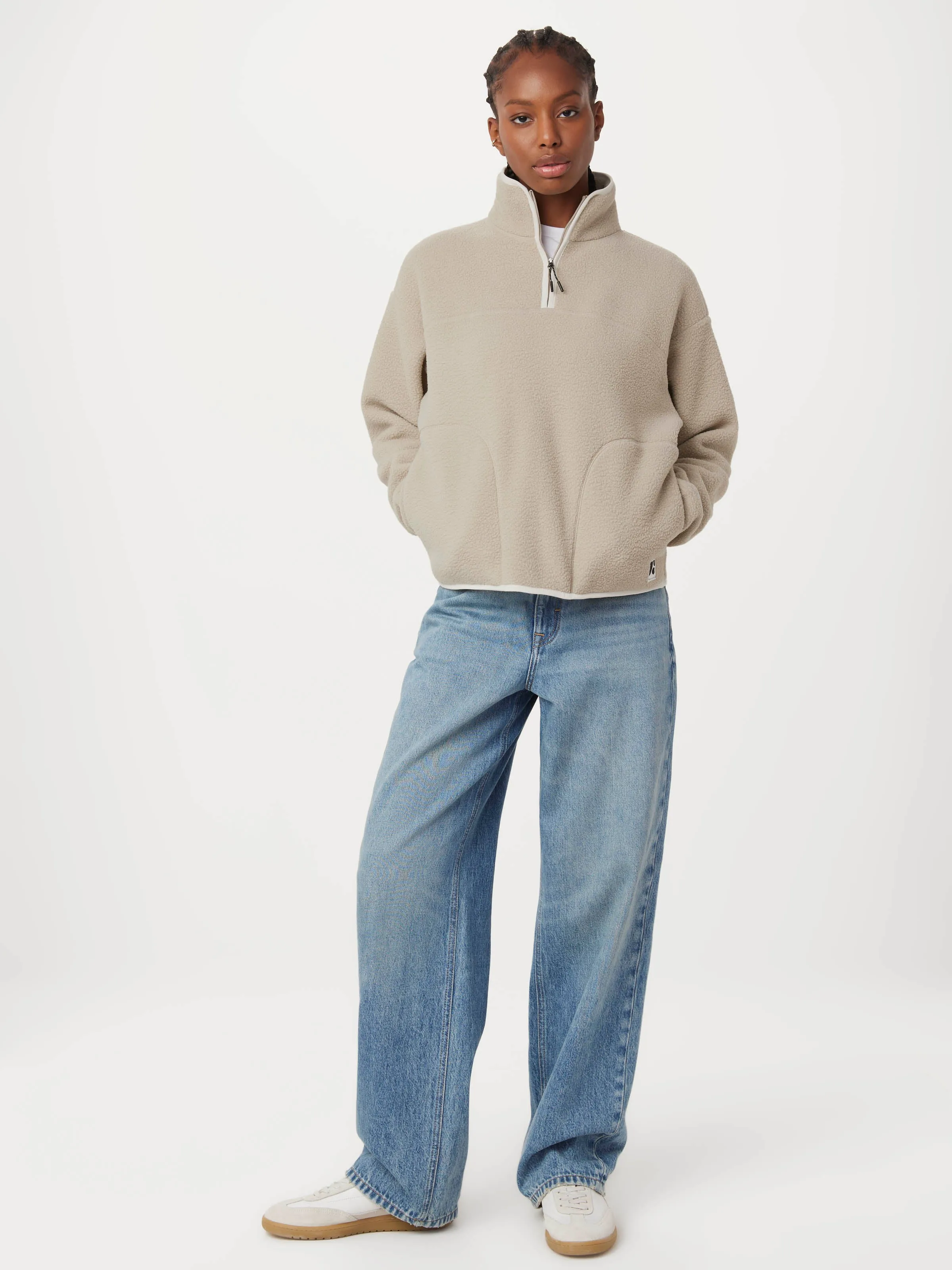 The Axis Polar Fleece Half Zip in Light Greige sold by Frank & Oak