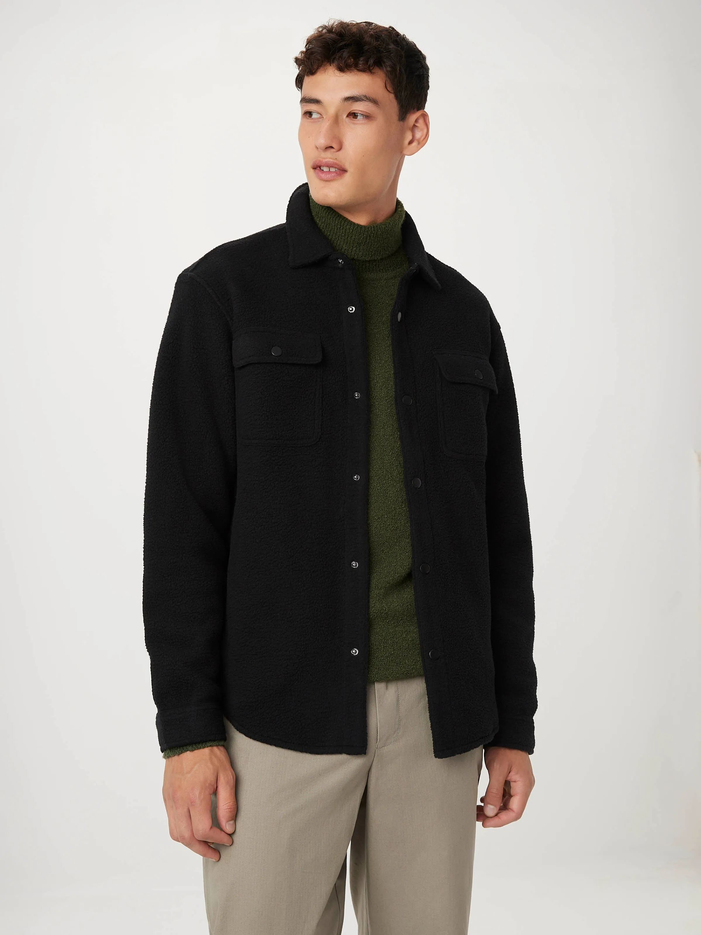 The Tundra Polar Fleece Overshirt in Black sold by Frank & Oak