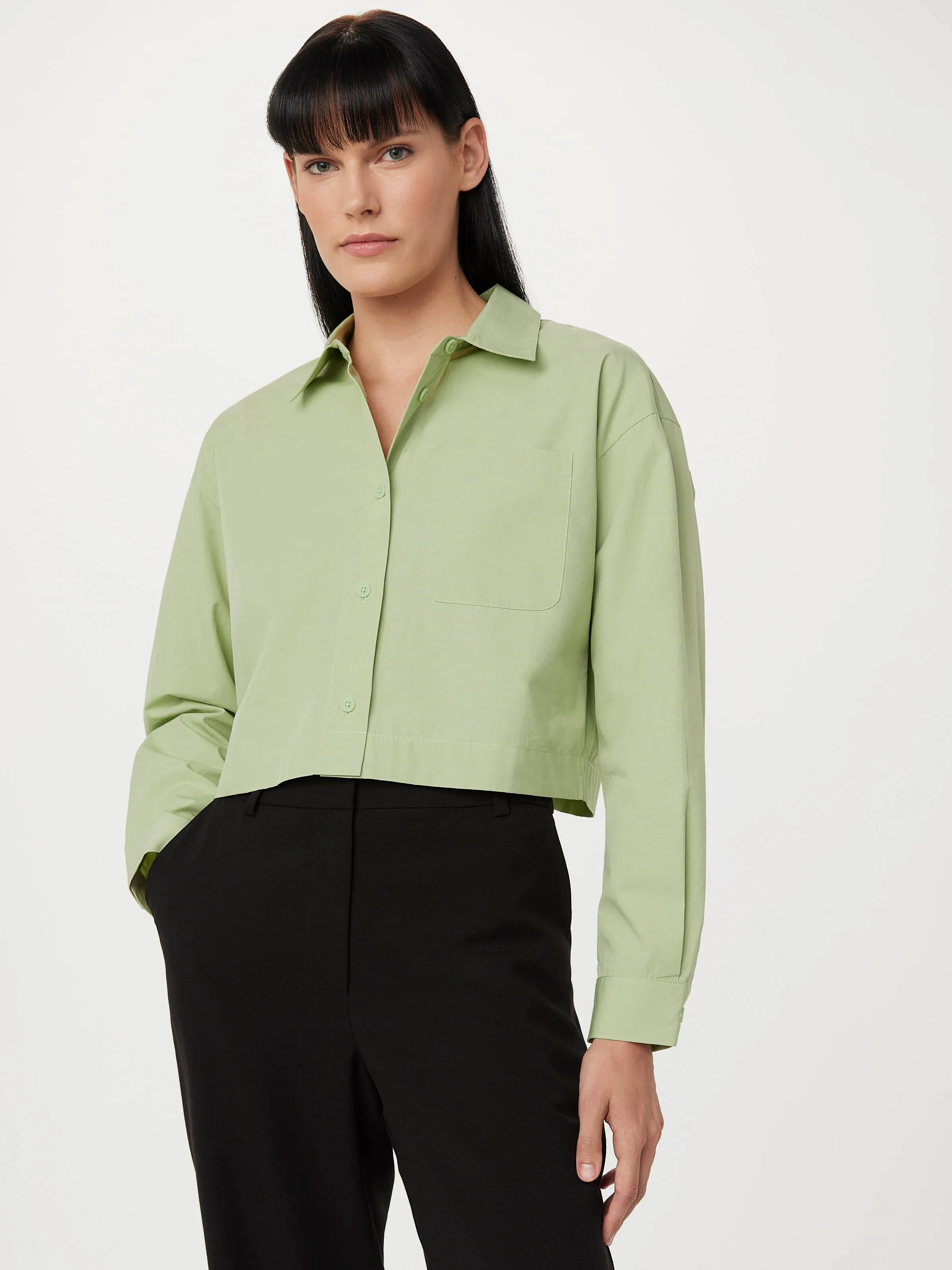 The Cropped Poplin Shirt in Jade Green sold by Frank & Oak