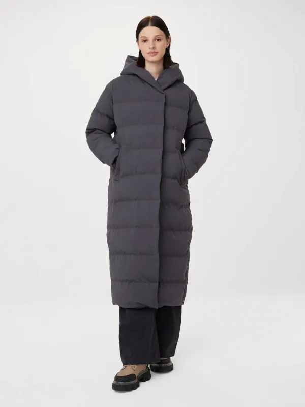 The Highland Long Puffer Coat in Dark Grey sold by Frank & Oak