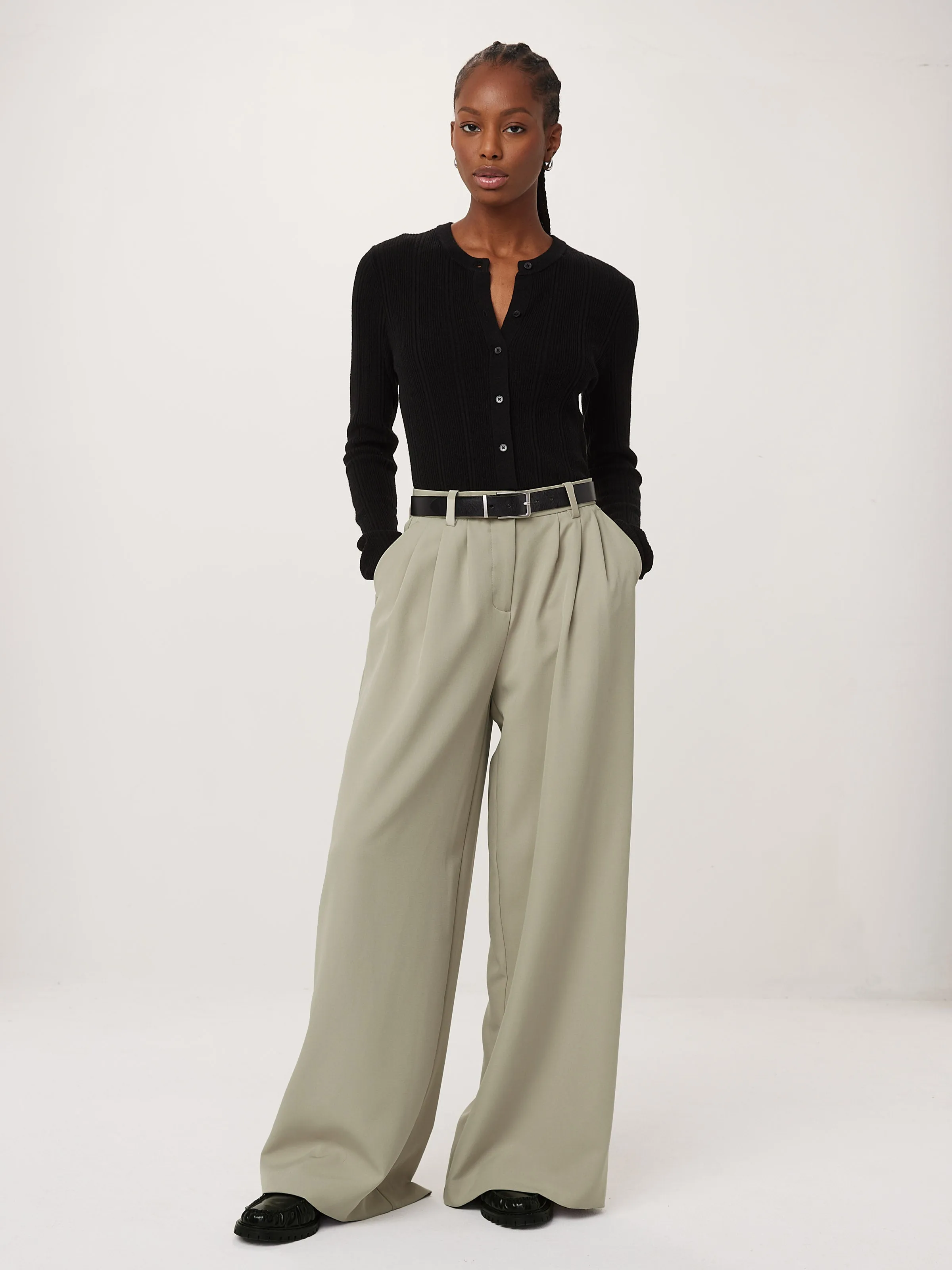 The Carmen Ultra-Wide Pant in Light Greige sold by Frank & Oak