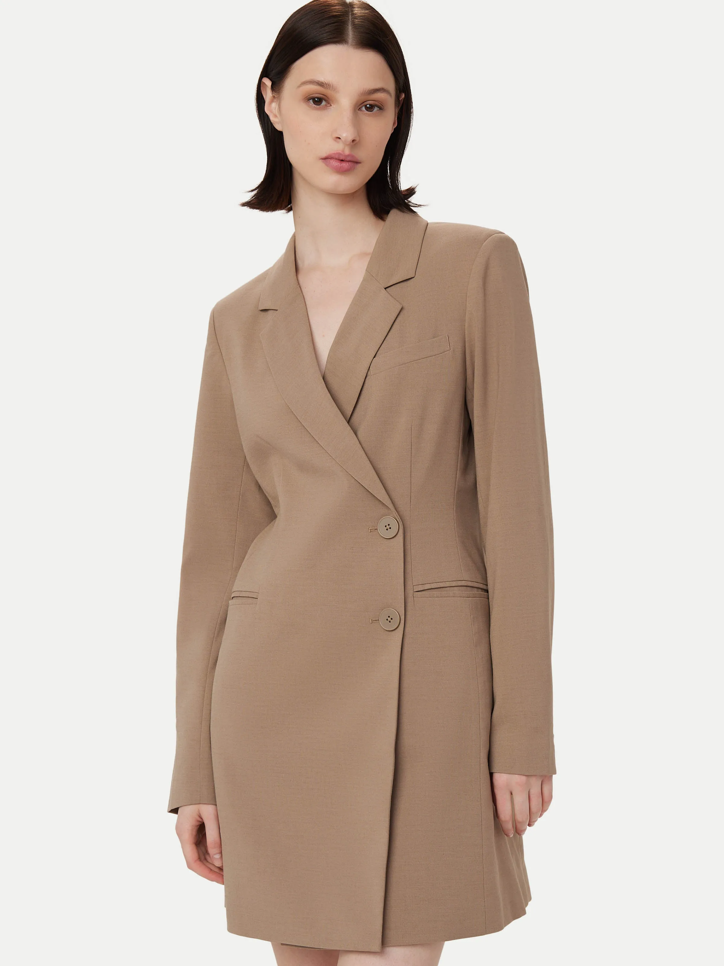 The Fitted Blazer Dress in Taupe sold by Frank & Oak