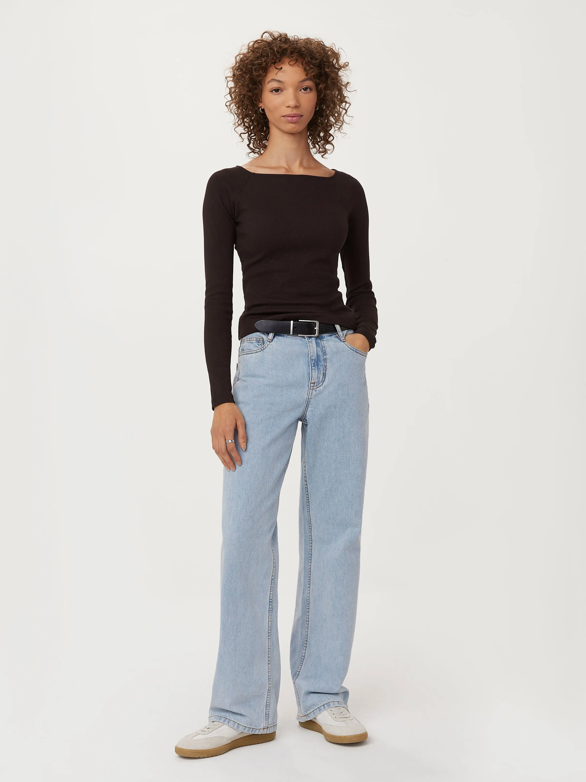 The Open Neck Long Sleeve T-Shirt in Dark Chocolate sold by Frank & Oak