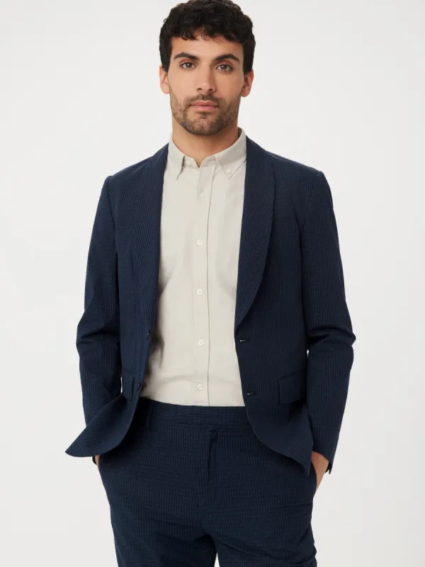 The Seersucker Shawl Collar Blazer in Deep Blue sold by Frank & Oak
