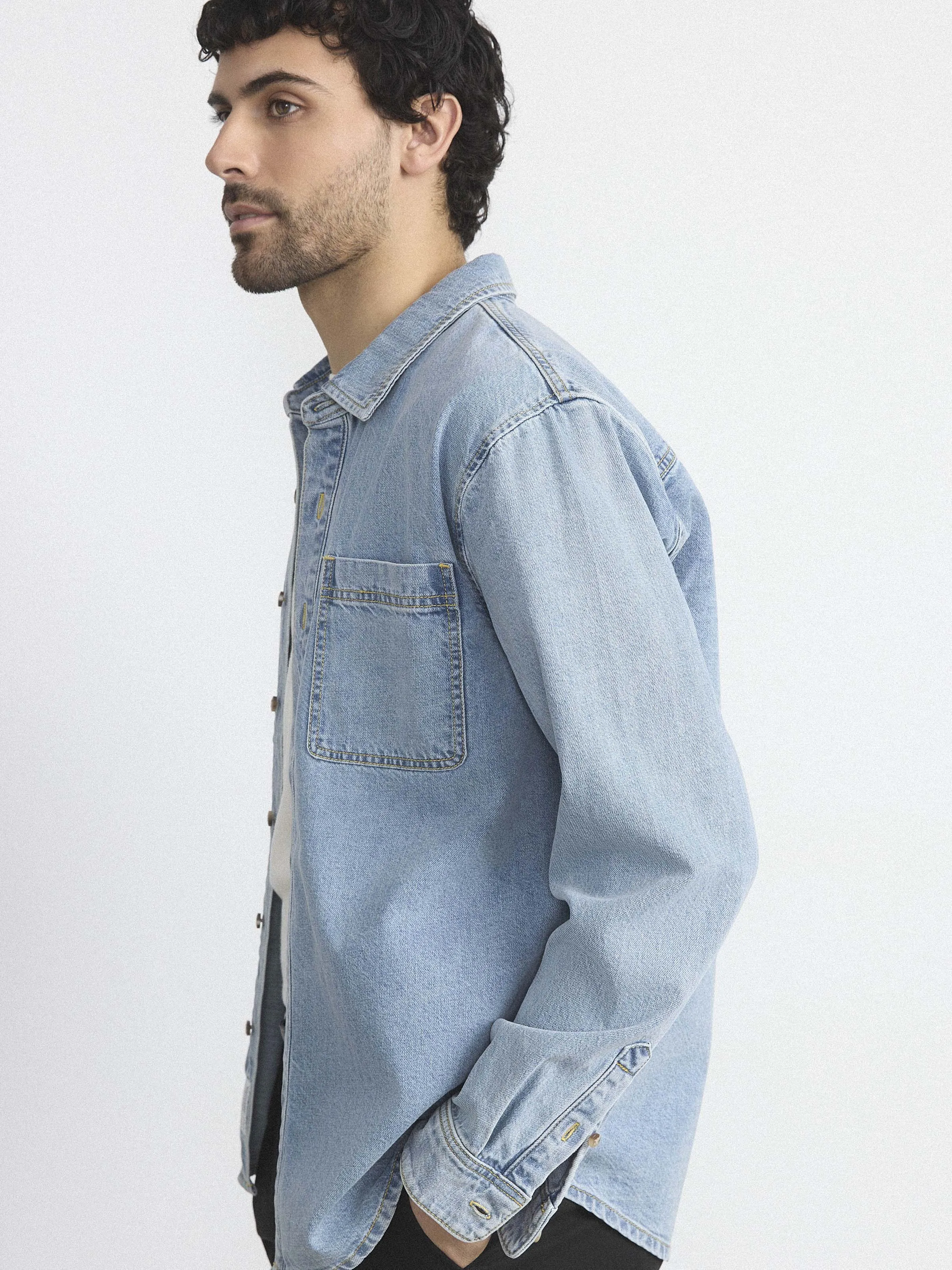 The Utility Denim Shirt in Vintage Blue sold by Frank & Oak
