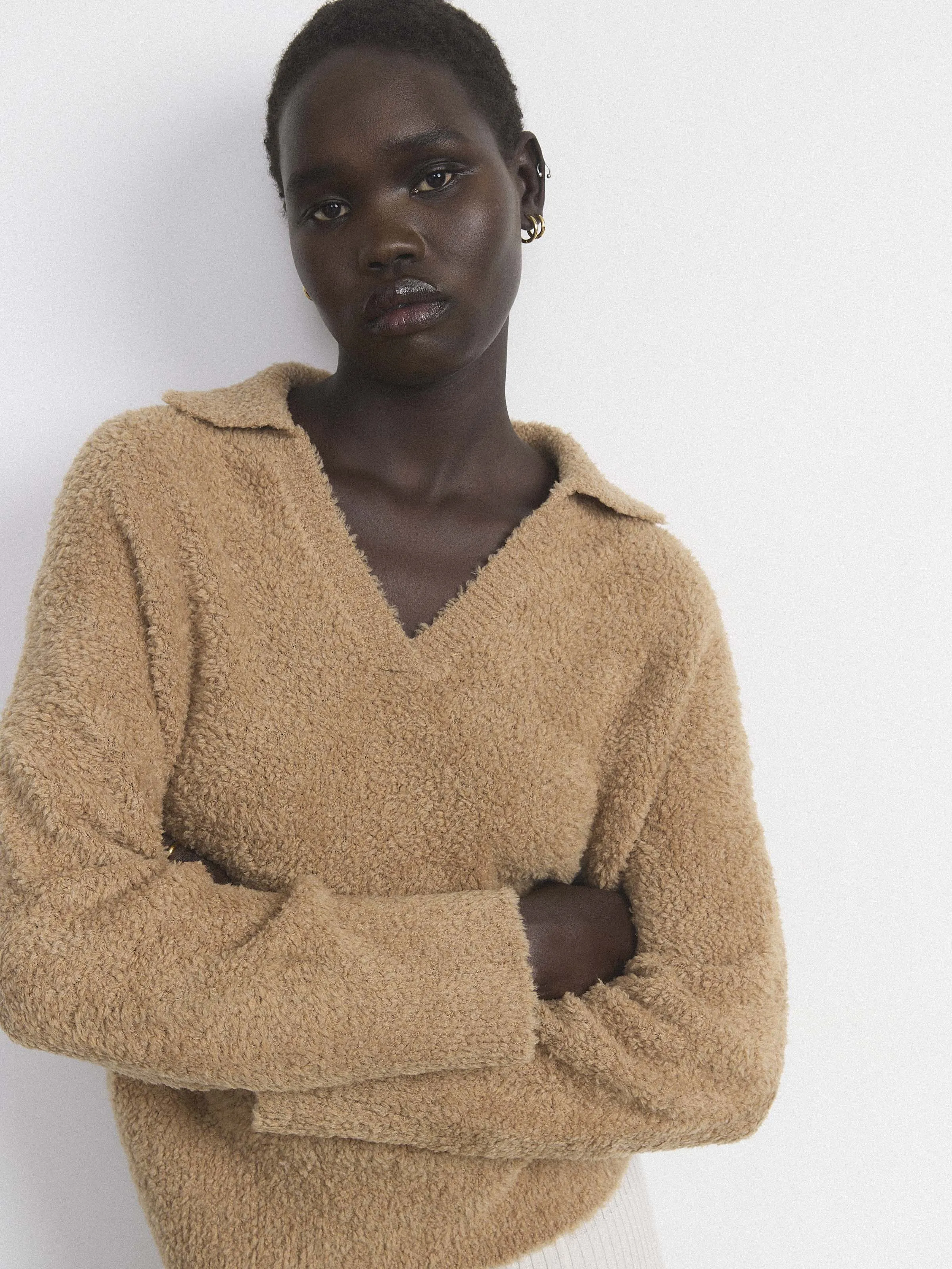 The Fuzzy Johnny Collar Sweater in Caramel Brown sold by Frank & Oak