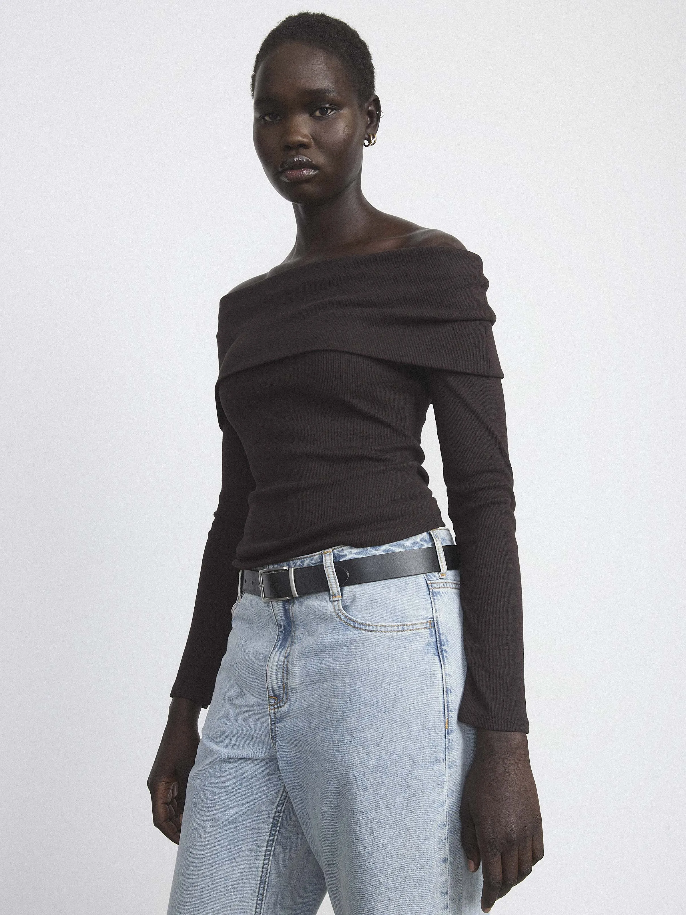 The Off Shoulder Top in Espresso sold by Frank & Oak