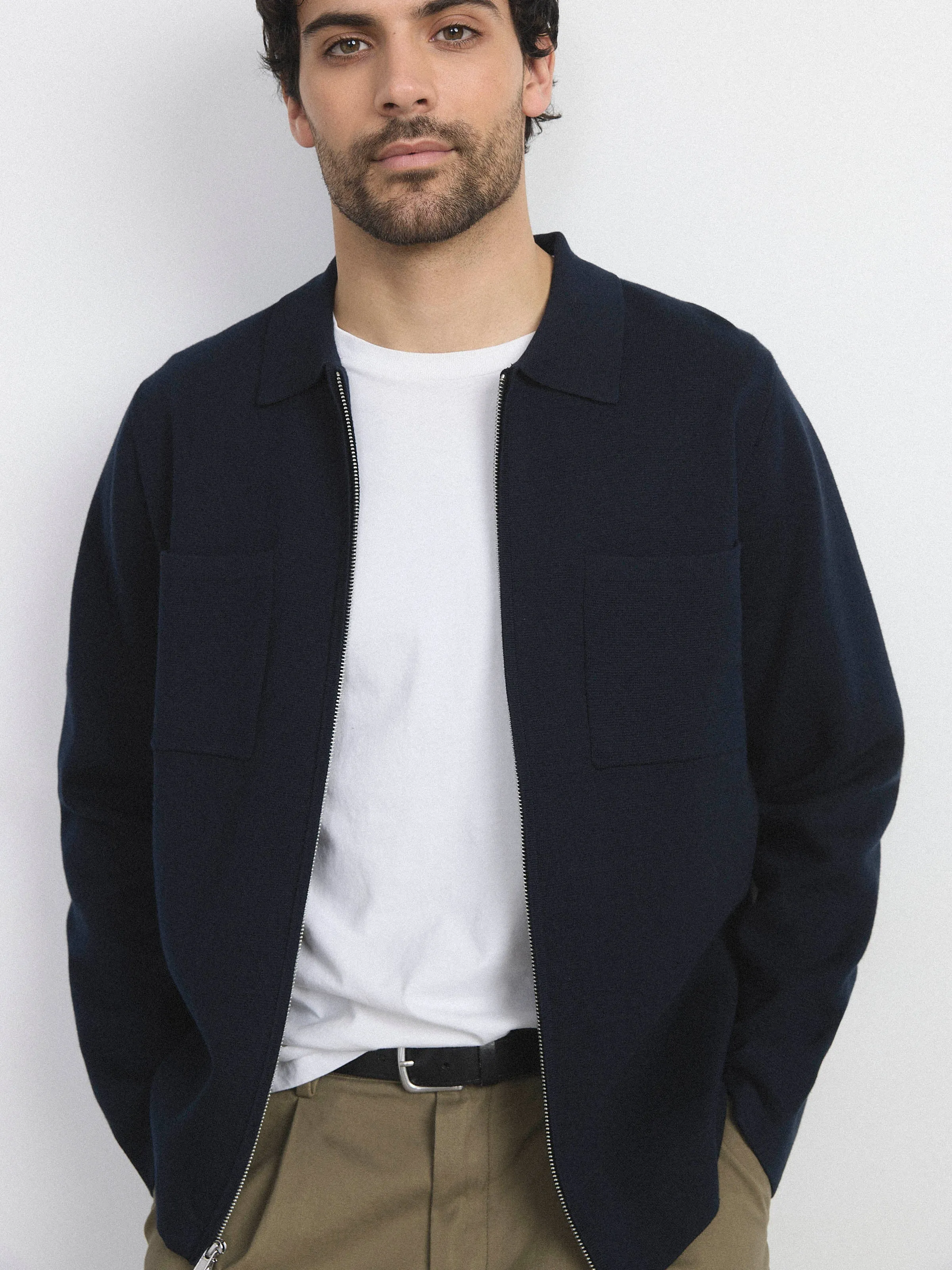 The Zip Up Knit Overshirt in Deep Blue sold by Frank & Oak
