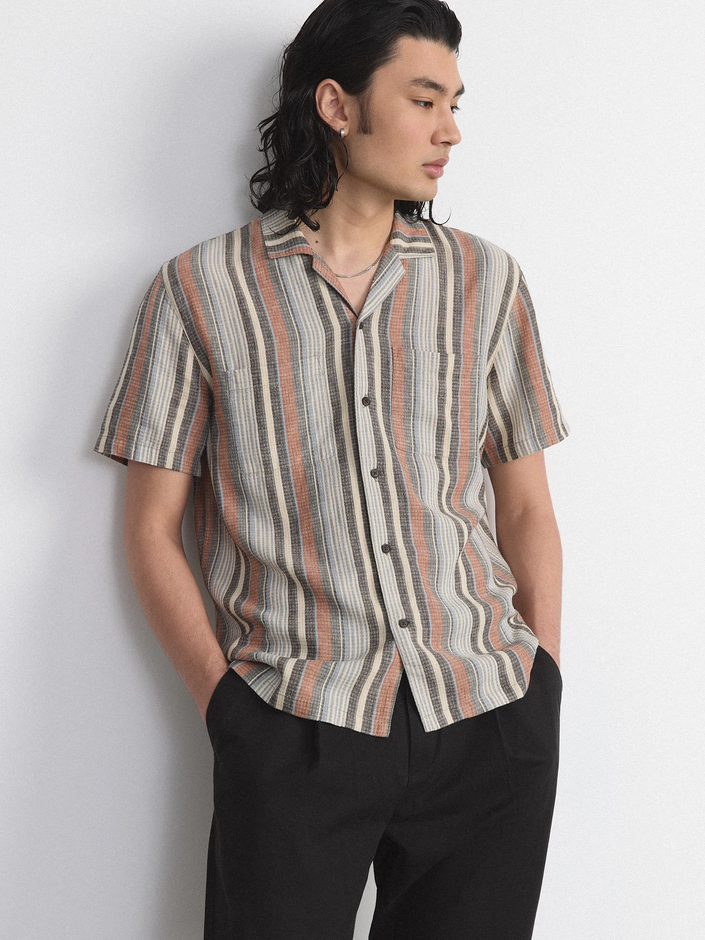 The Striped Camp Collar Shirt in Spice Orange sold by Frank & Oak