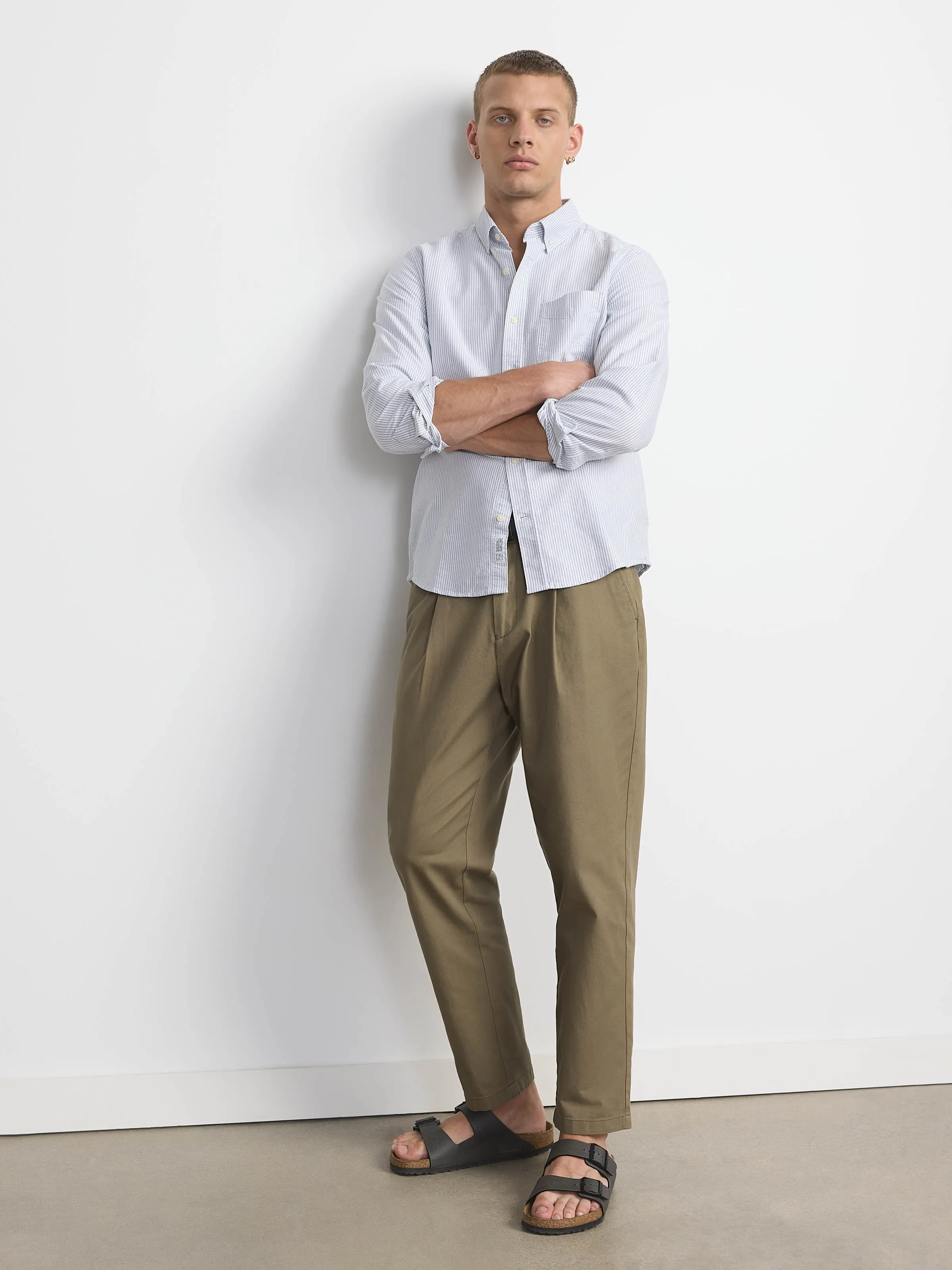 The Striped Jasper Oxford Shirt in Storm Blue sold by Frank & Oak