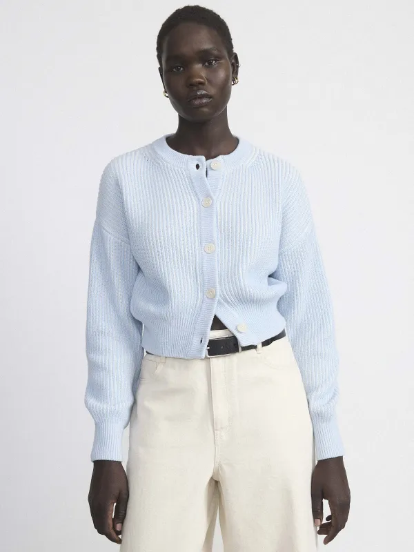 The Bubble Sleeve Cardigan in Light Blue sold by Frank & Oak