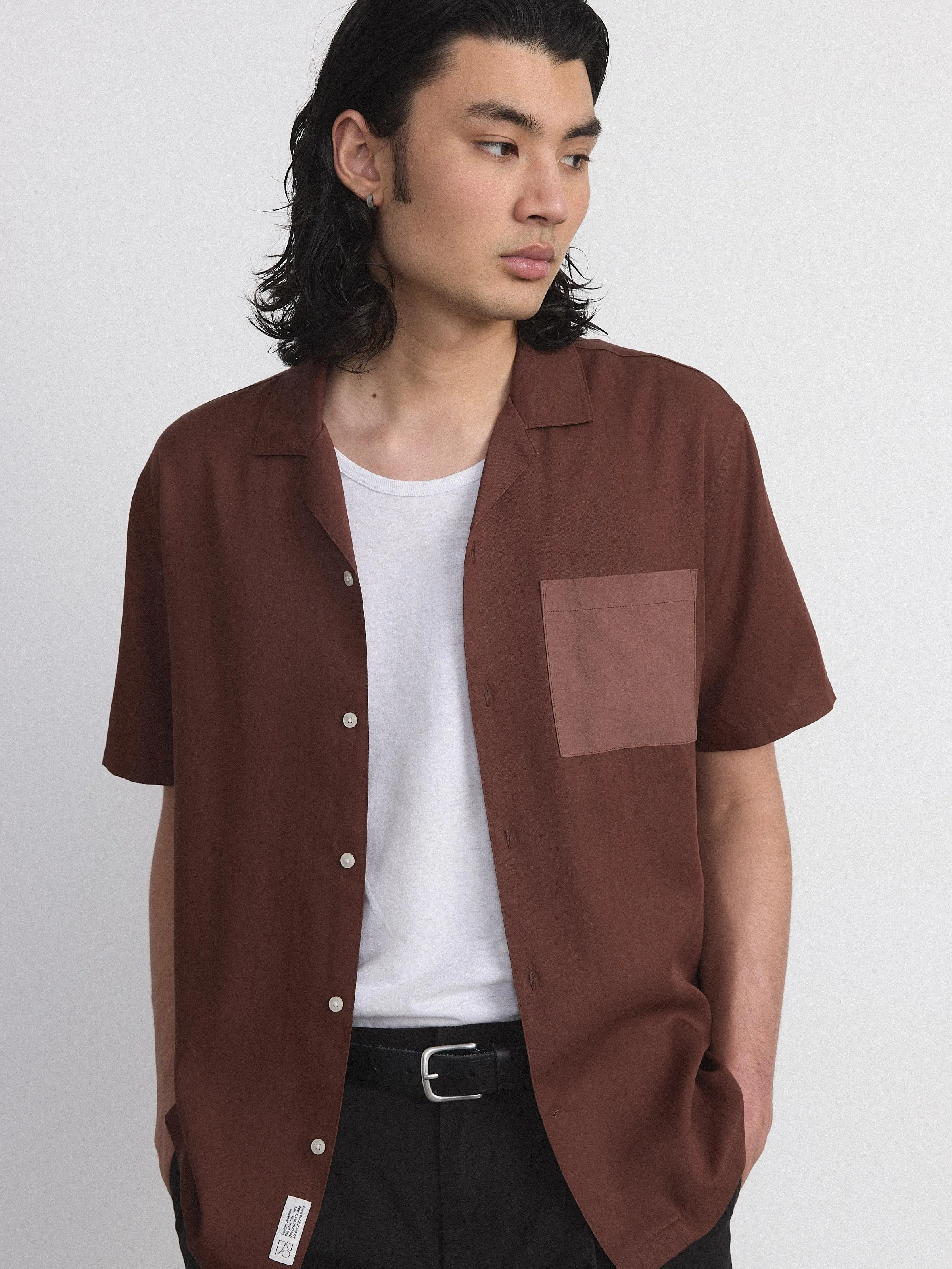 The Eco Dye Camp Collar Shirt in Chocolate Fudge sold by Frank & Oak