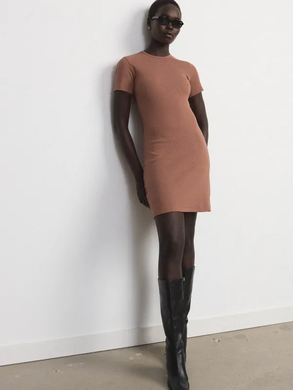 The Ribbed T-Shirt Dress in Café au lait sold by Frank & Oak